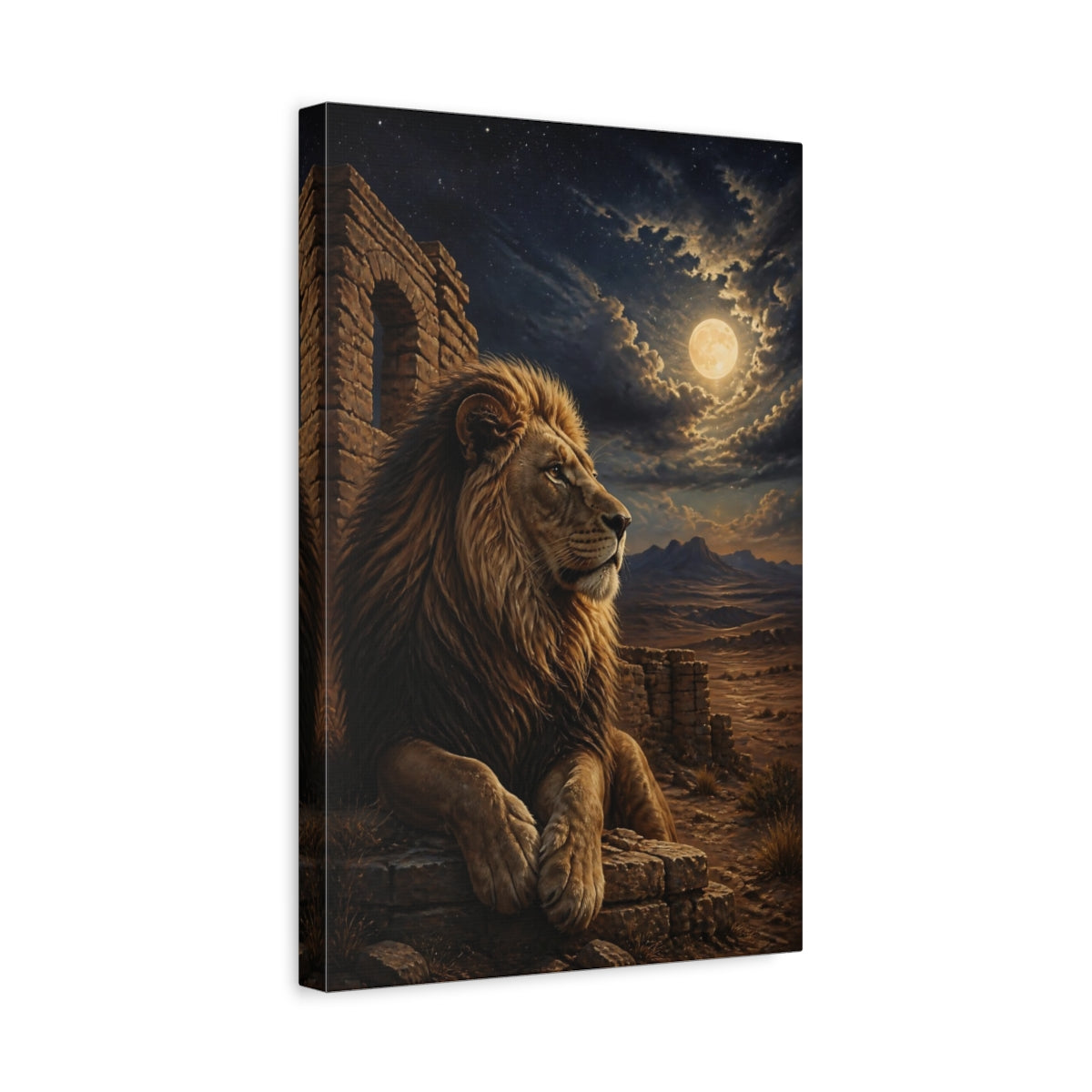Side Mockup 4. Animals Moonlit Lion Among Ruins shown as canvas print