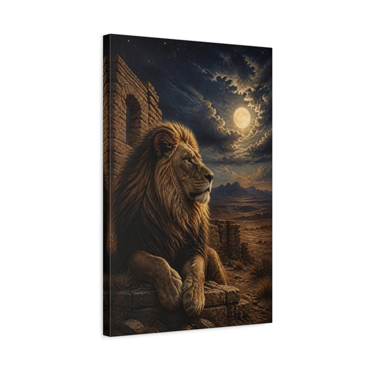 Side Mockup 3. Animals Moonlit Lion Among Ruins shown as canvas print