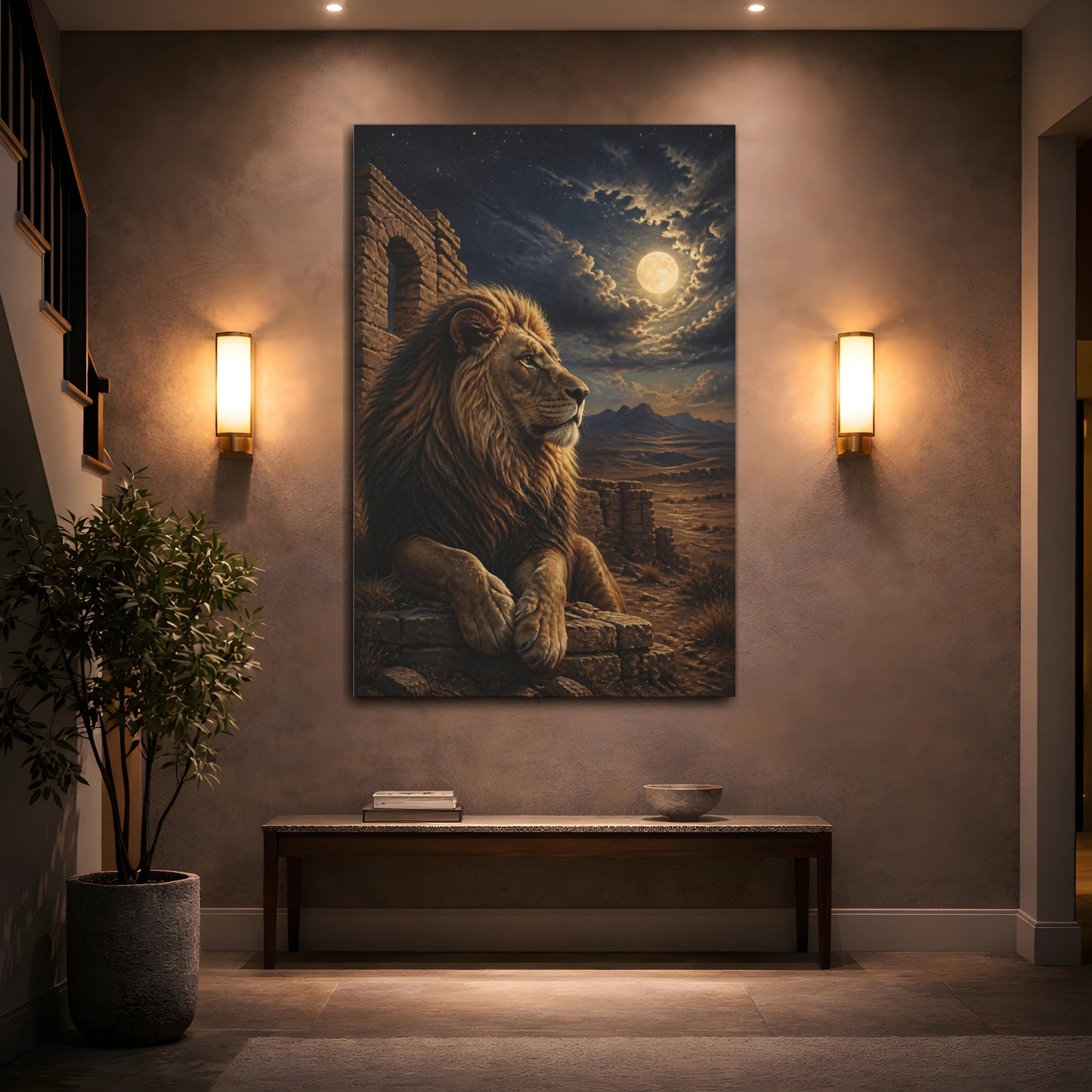 Mockup 2. Animals Moonlit Lion Among Ruins shown as canvas print