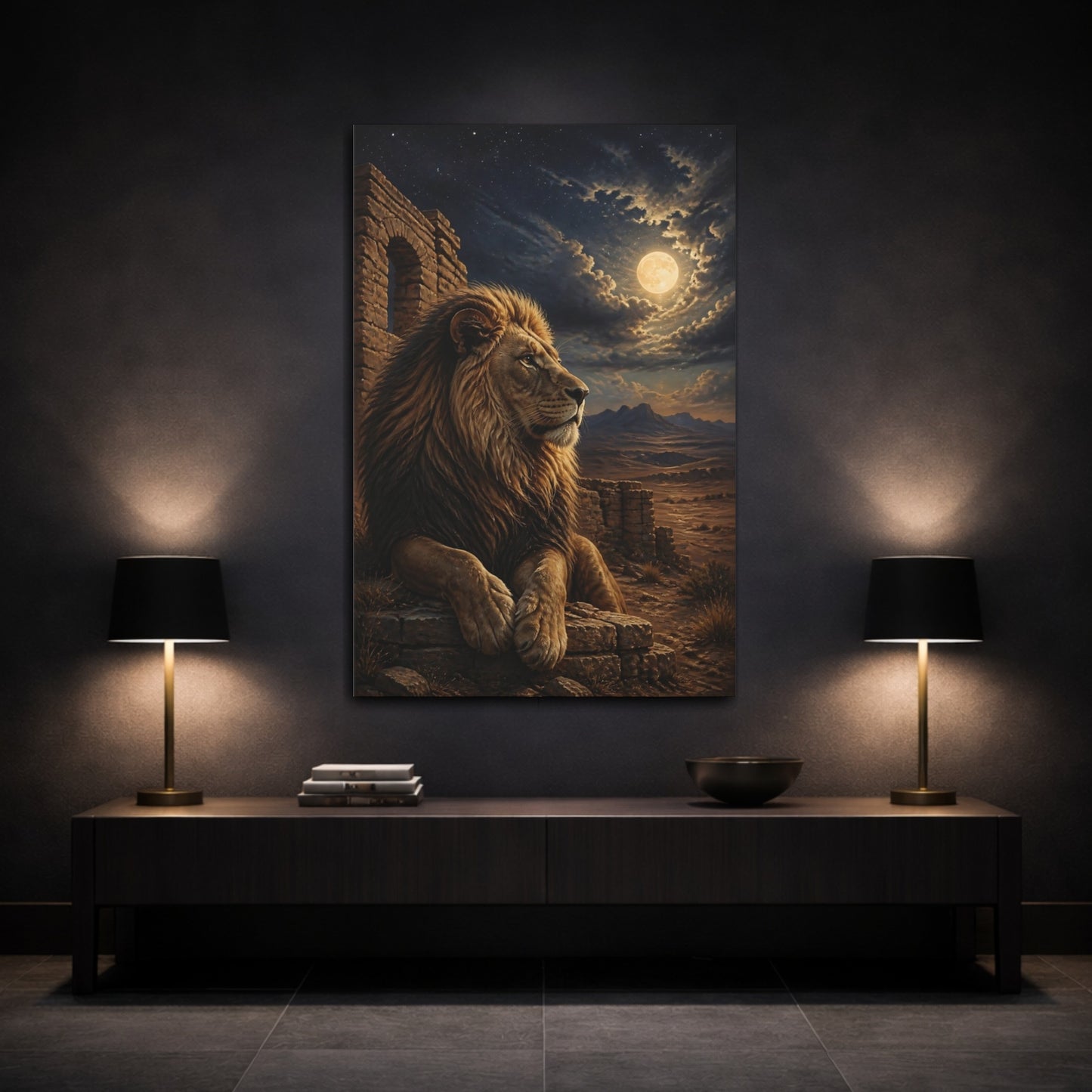 Mockup 3. Animals Moonlit Lion Among Ruins shown as canvas print