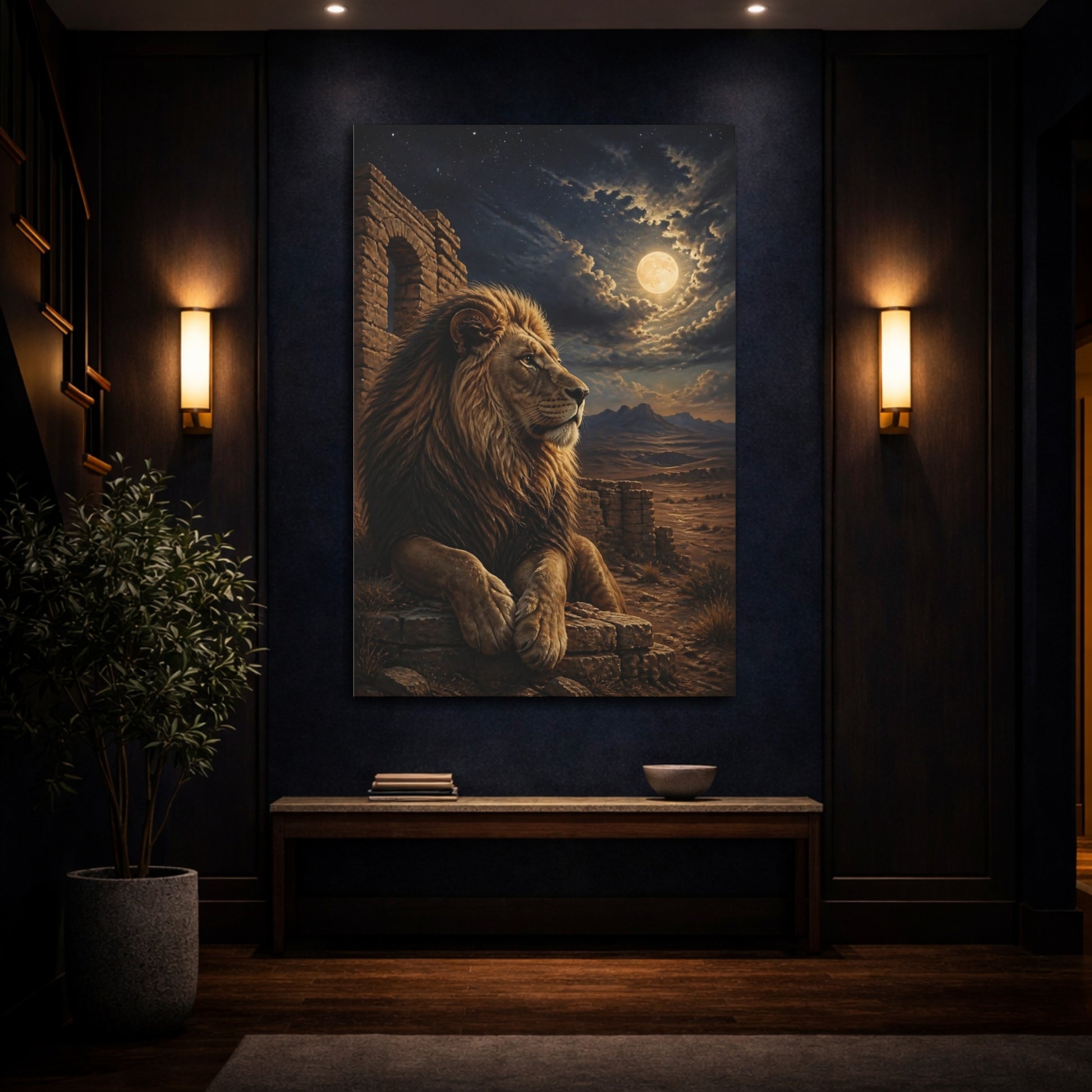 Mockup 4. Animals Moonlit Lion Among Ruins shown as canvas print