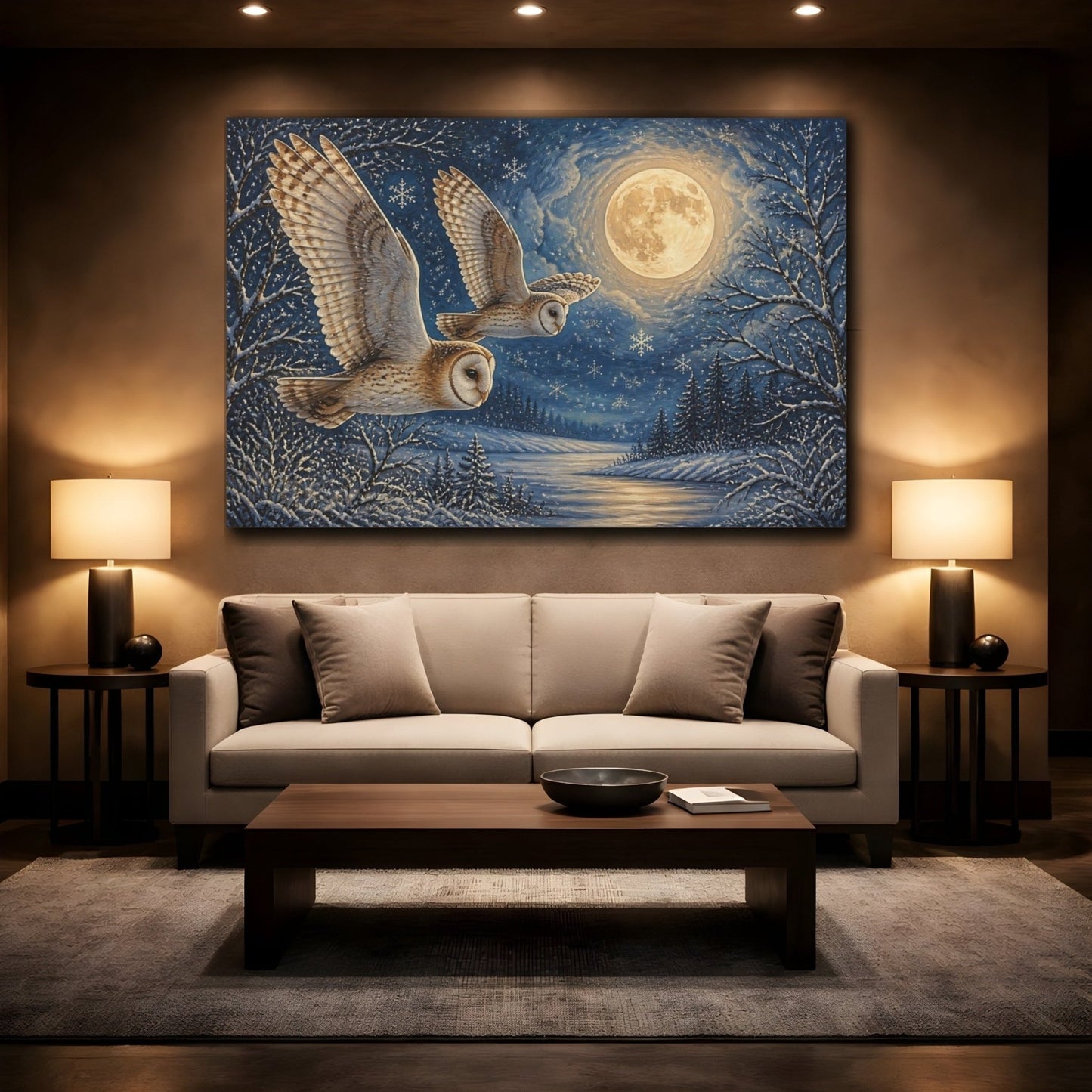 Animals Moonlit Owl Pair Canvas Print – Living Room, Above Fireplace - YesArtYes