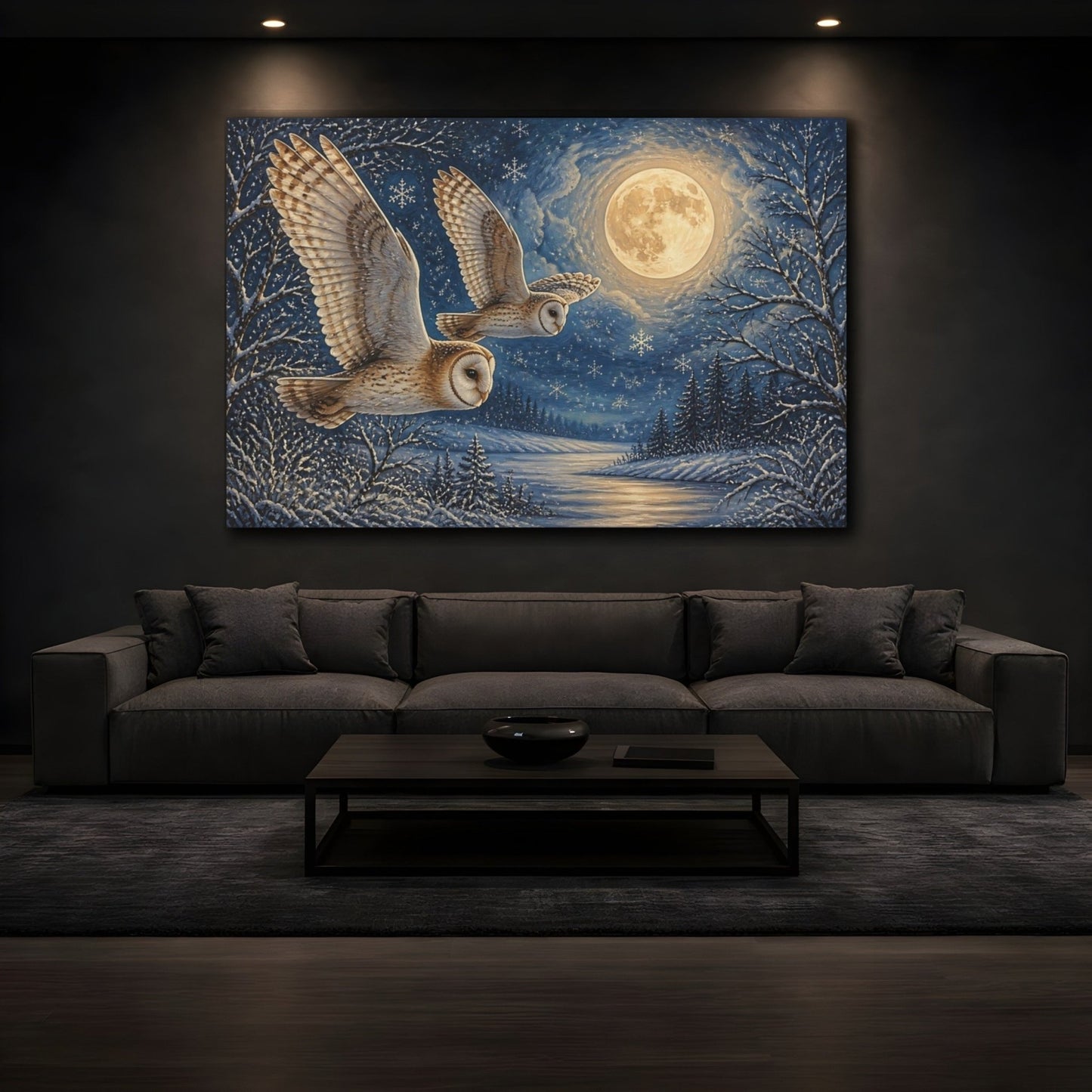 Animals Moonlit Owl Pair Canvas Print – Living Room, Above Fireplace - YesArtYes