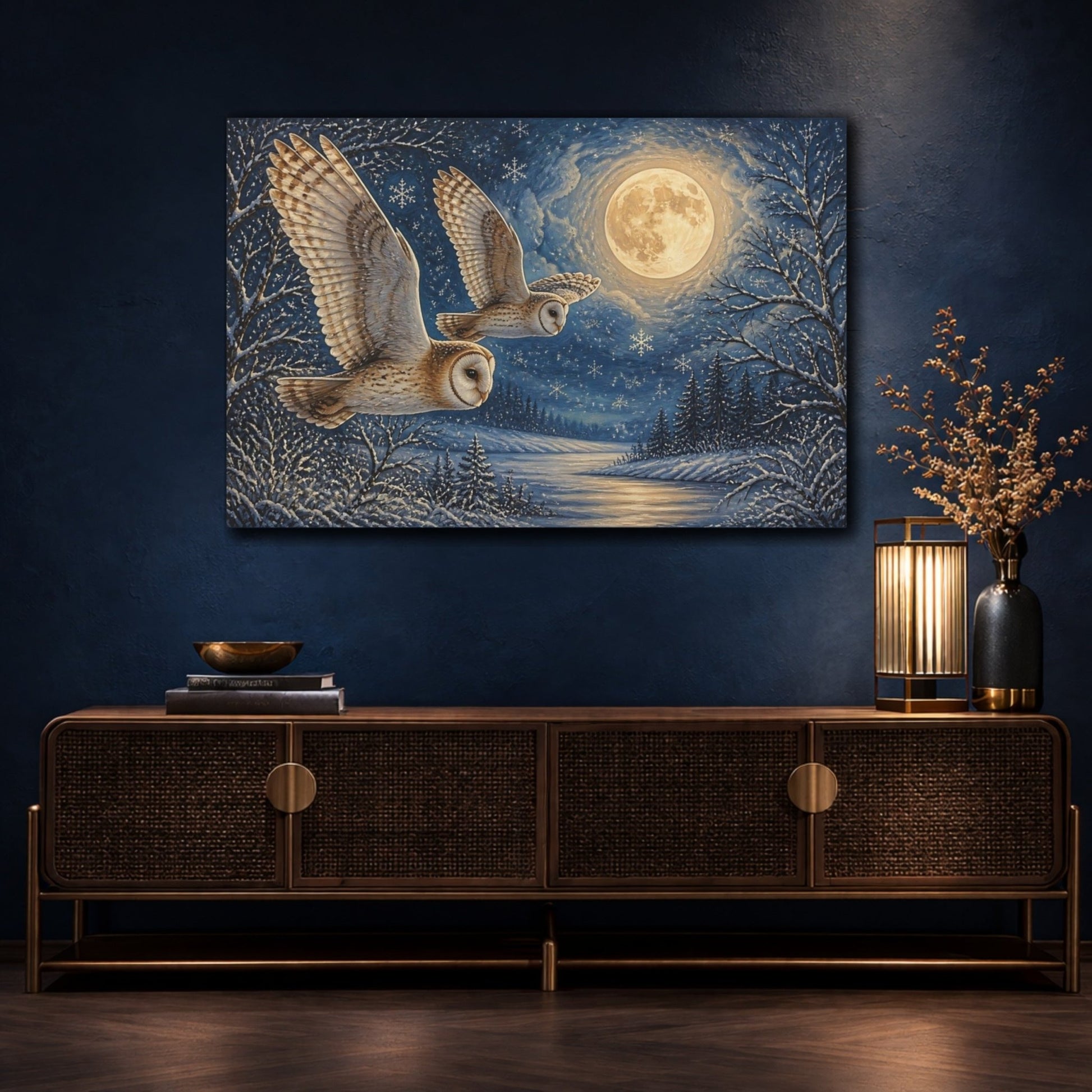 Animals Moonlit Owl Pair Canvas Print – Living Room, Above Fireplace - YesArtYes
