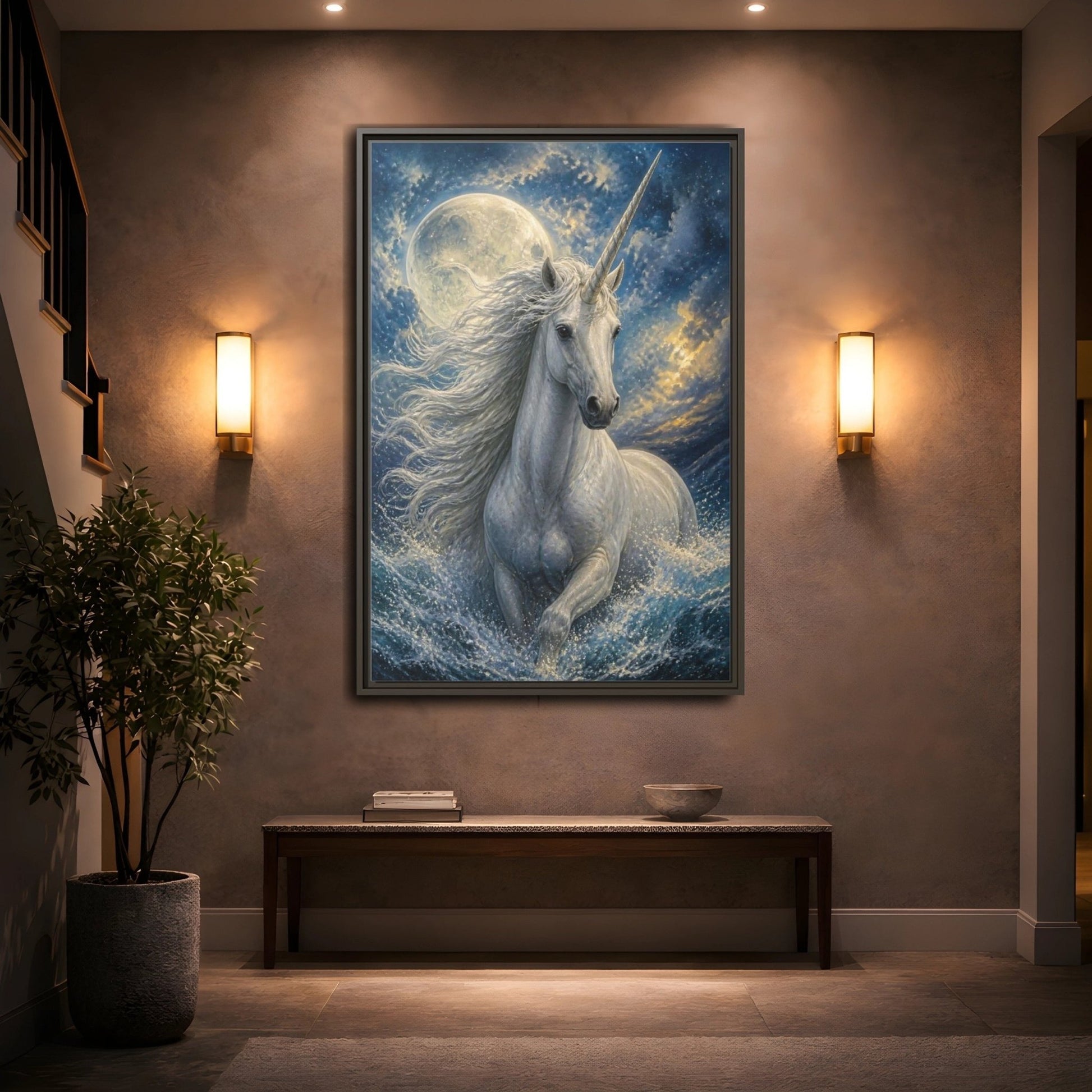 Animals Moonlit Unicorn Portrait Framed Canvas Print – Bedroom, Feature Wall - YesArtYes