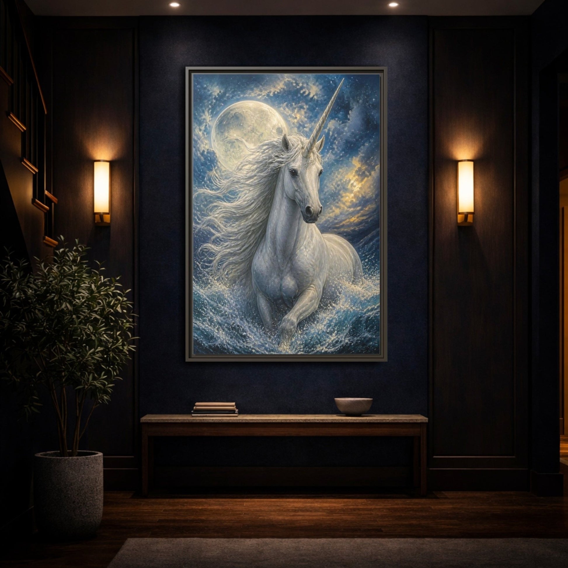 Animals Moonlit Unicorn Portrait Framed Canvas Print – Bedroom, Feature Wall - YesArtYes
