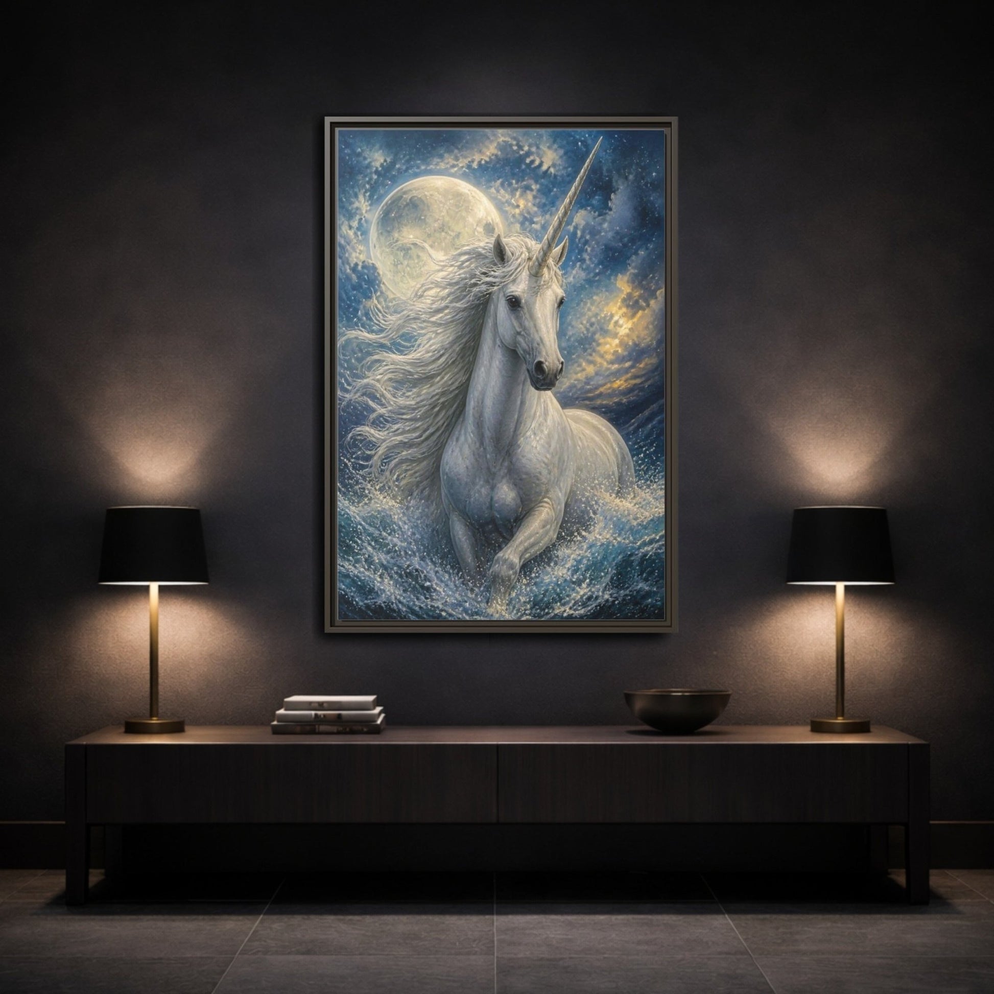 Animals Moonlit Unicorn Portrait Framed Canvas Print – Bedroom, Feature Wall - YesArtYes