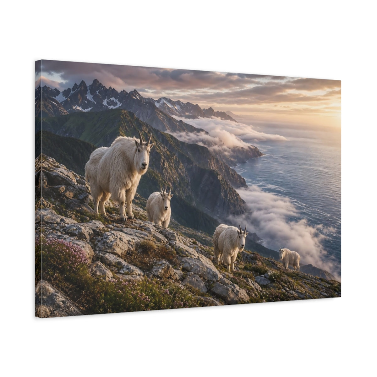 Side Mockup 2. Animals Mountain Goats Mountain Goats Landscape shown as stretched canvas wall art