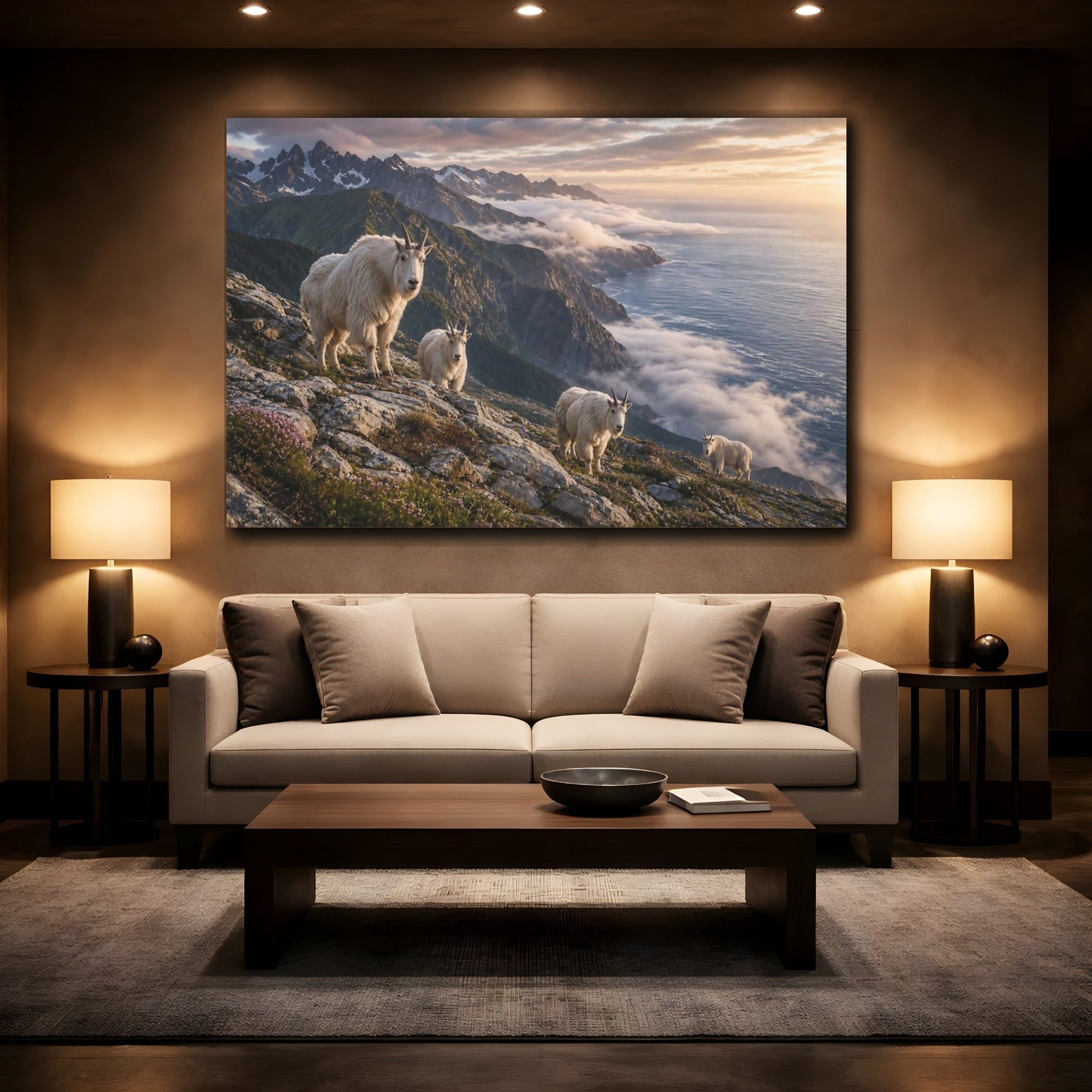 Mockup 2. Animals Mountain Goats Mountain Goats Landscape shown as stretched canvas wall art