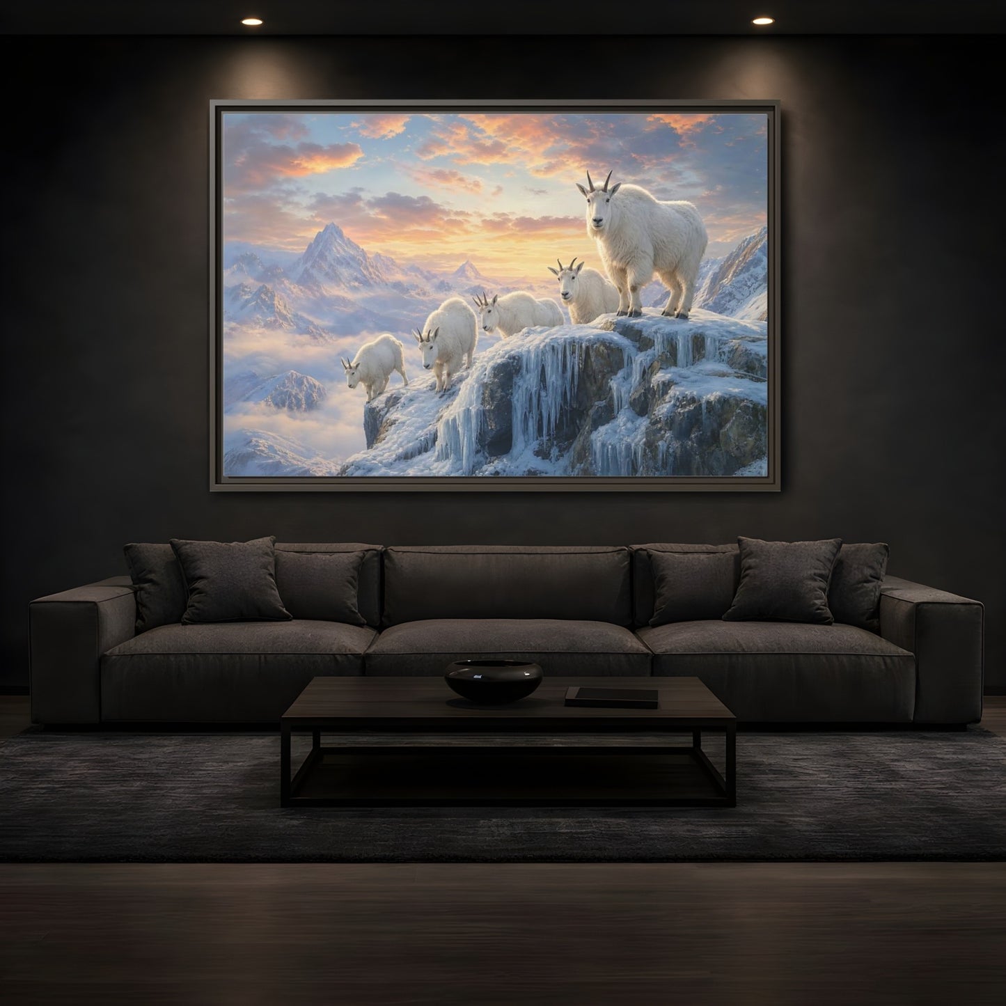 Mockup 3. Animals Mountain Goats Mountain Goats Sunset shown as stretched canvas wall art