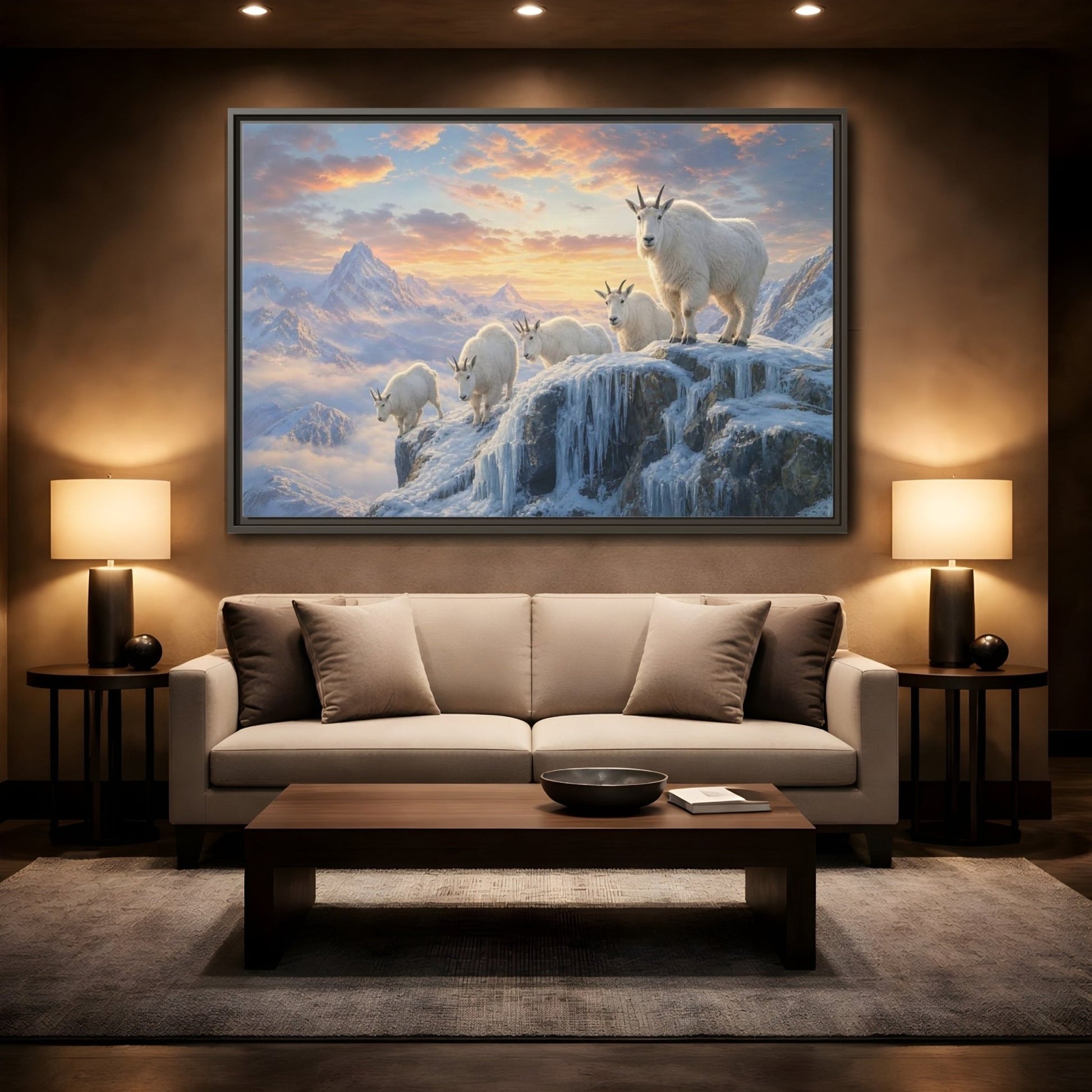 Animals Mountain Goats Sunset Framed Canvas Wall Art Print – Realistic Living Room, Above Couch - YesArtYes