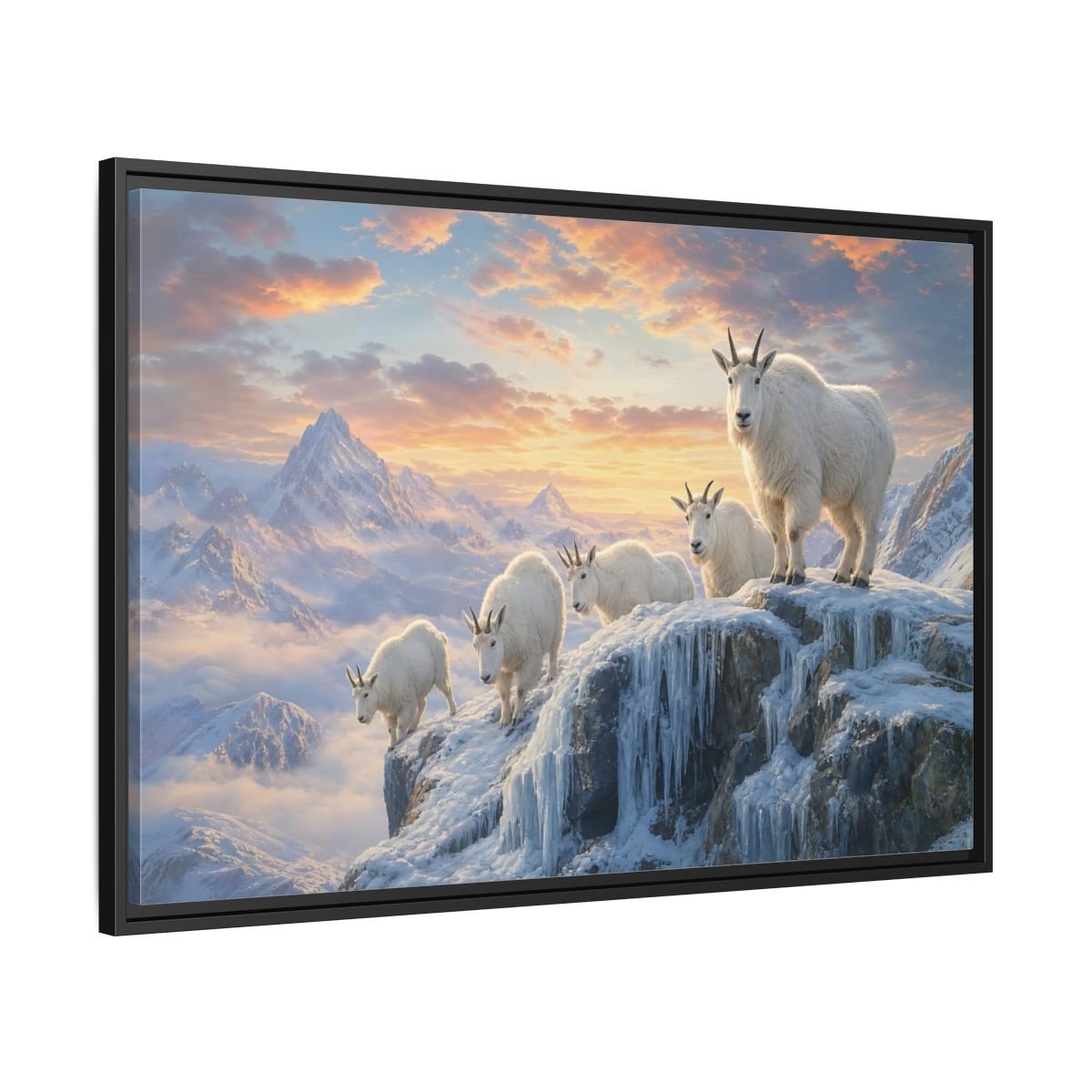 Animals Mountain Goats Sunset Framed Canvas Wall Art Print – Realistic Living Room, Above Couch - YesArtYes