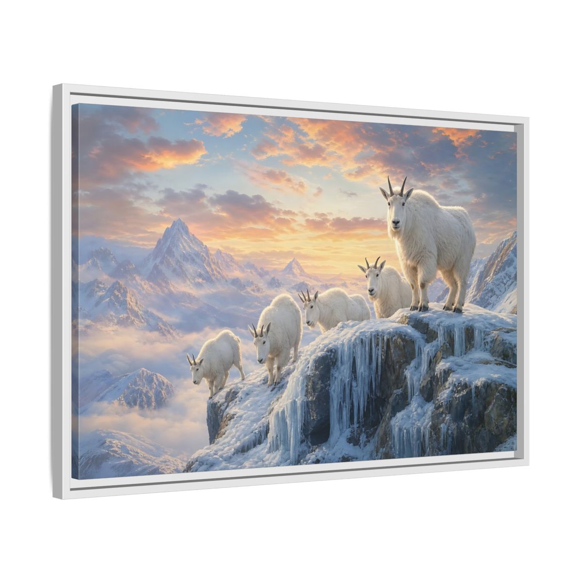 Animals Mountain Goats Sunset Framed Canvas Wall Art Print – Realistic Living Room, Above Couch - YesArtYes