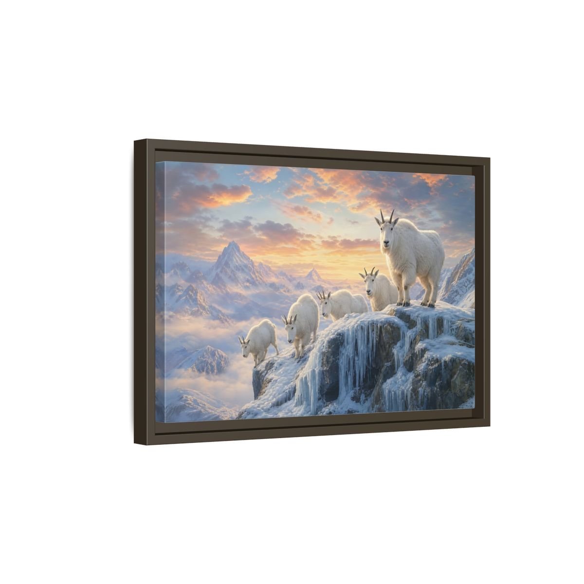 Animals Mountain Goats Sunset Framed Canvas Wall Art Print – Realistic Living Room, Above Couch - YesArtYes