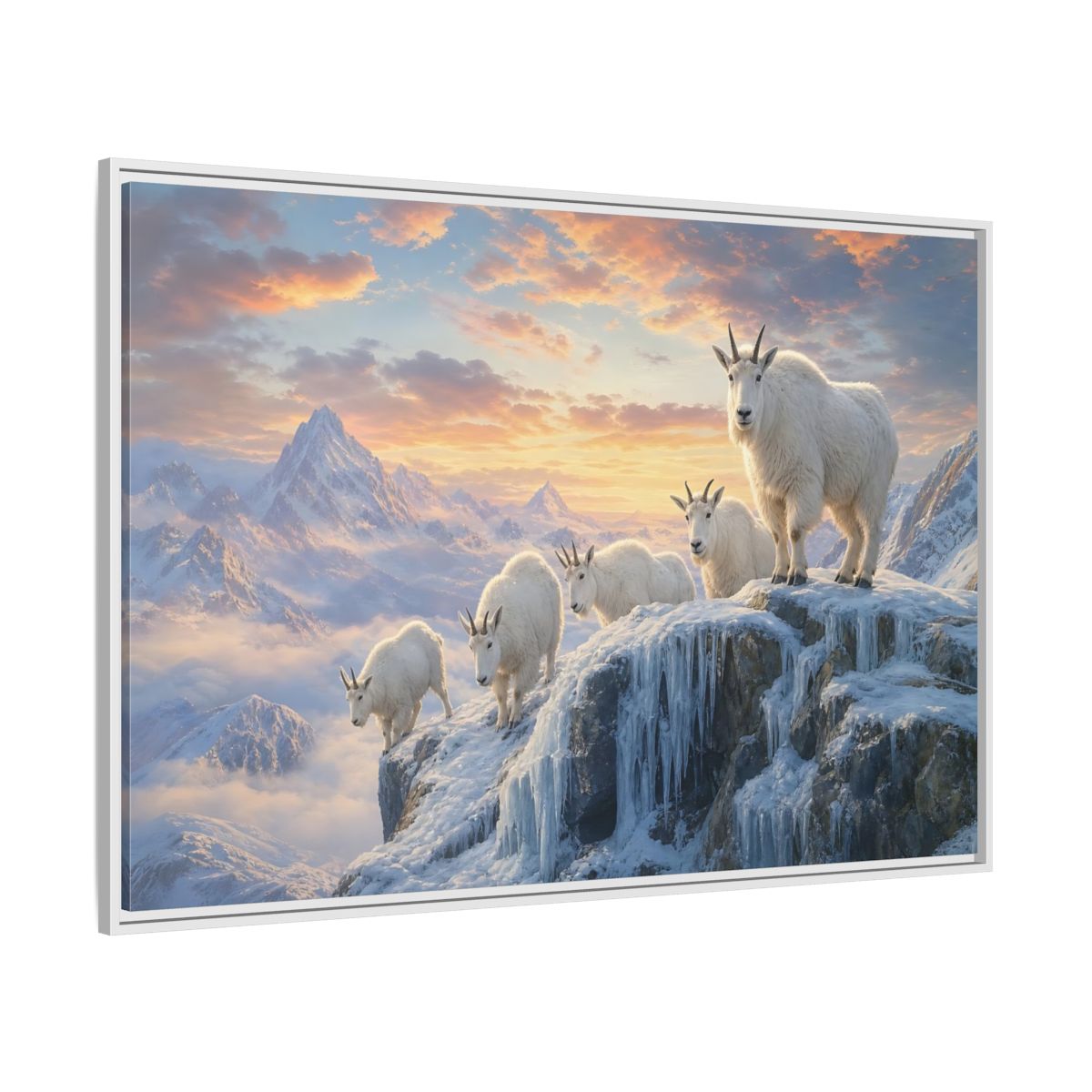 Animals Mountain Goats Sunset Framed Canvas Wall Art Print – Realistic Living Room, Above Couch - YesArtYes