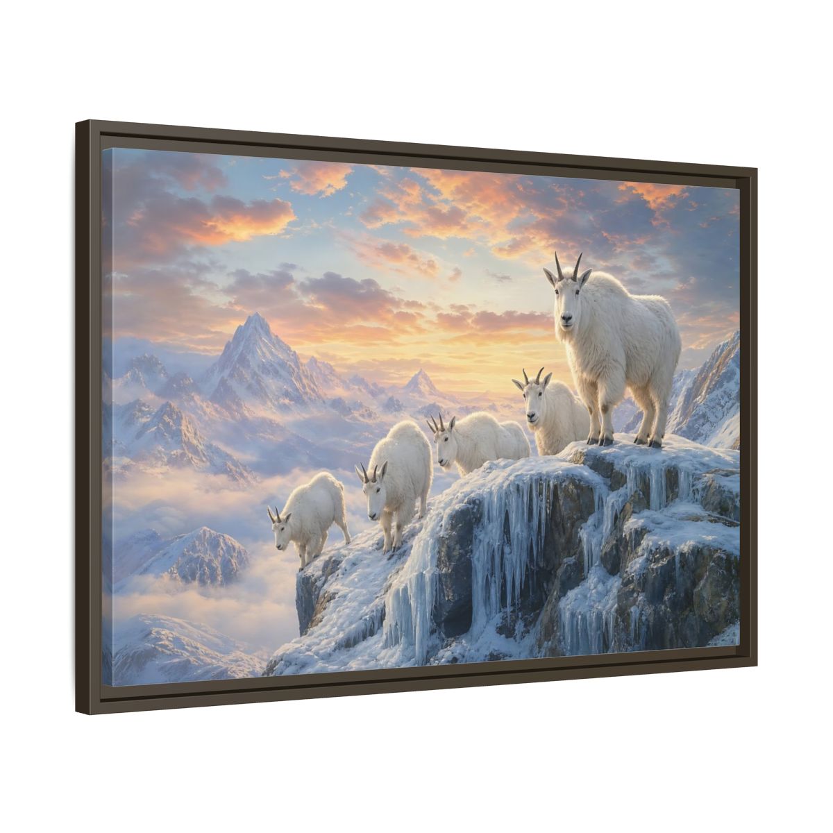 Animals Mountain Goats Sunset Framed Canvas Wall Art Print – Realistic Living Room, Above Couch - YesArtYes