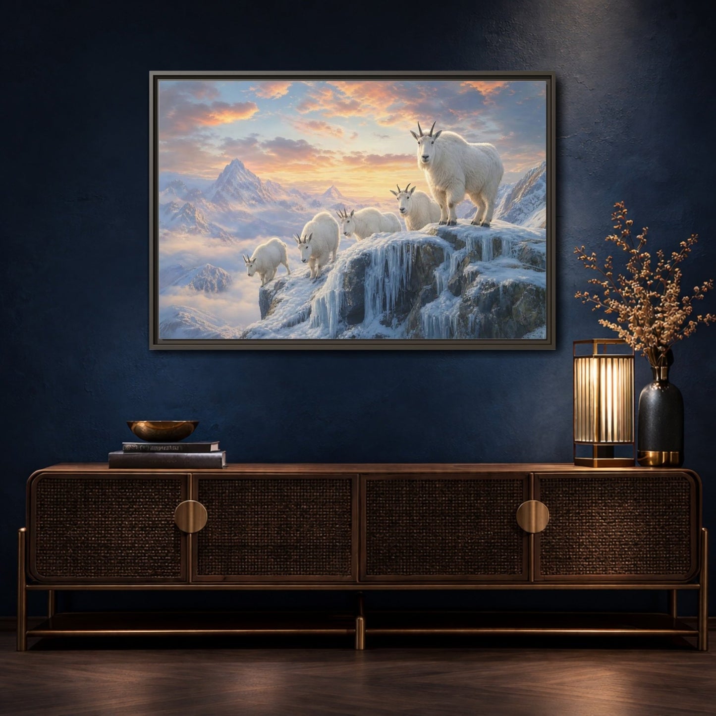 Animals Mountain Goats Sunset Framed Canvas Wall Art Print – Realistic Living Room, Above Couch - YesArtYes