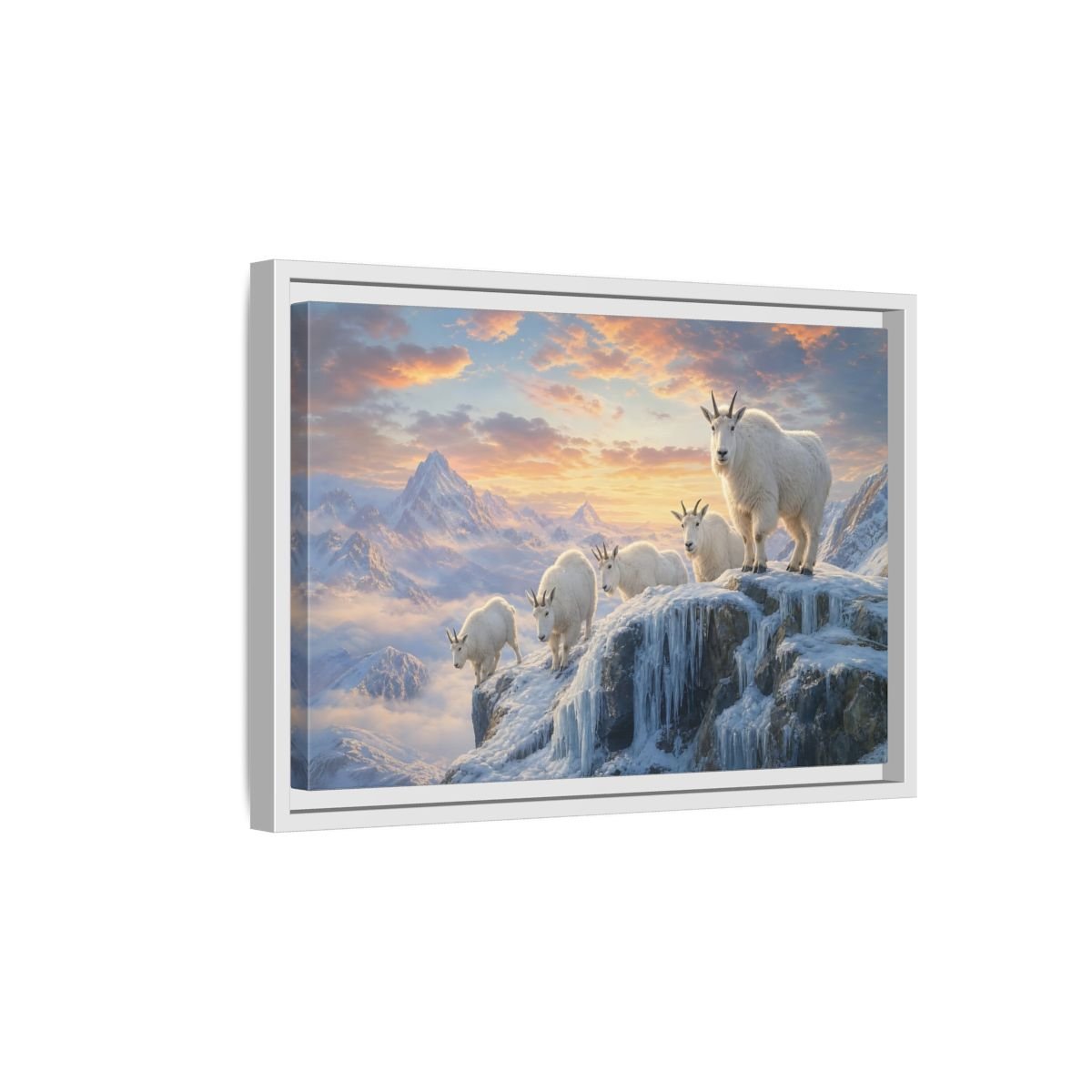 Animals Mountain Goats Sunset Framed Canvas Wall Art Print – Realistic Living Room, Above Couch - YesArtYes