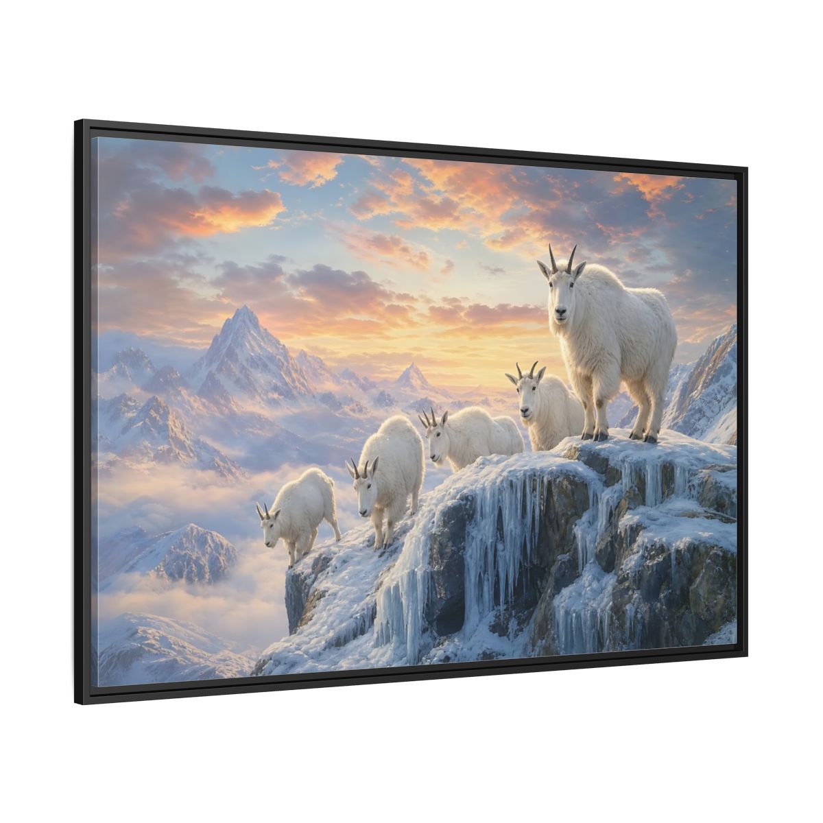 Side Mockup 12. Animals Mountain Goats Mountain Goats Sunset shown as stretched canvas wall art