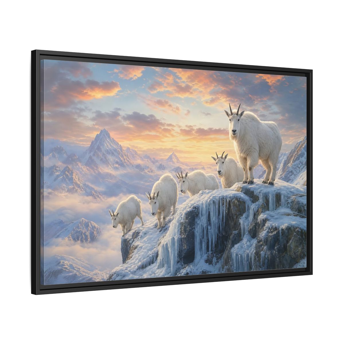 Side Mockup 13. Animals Mountain Goats Mountain Goats Sunset shown as stretched canvas wall art