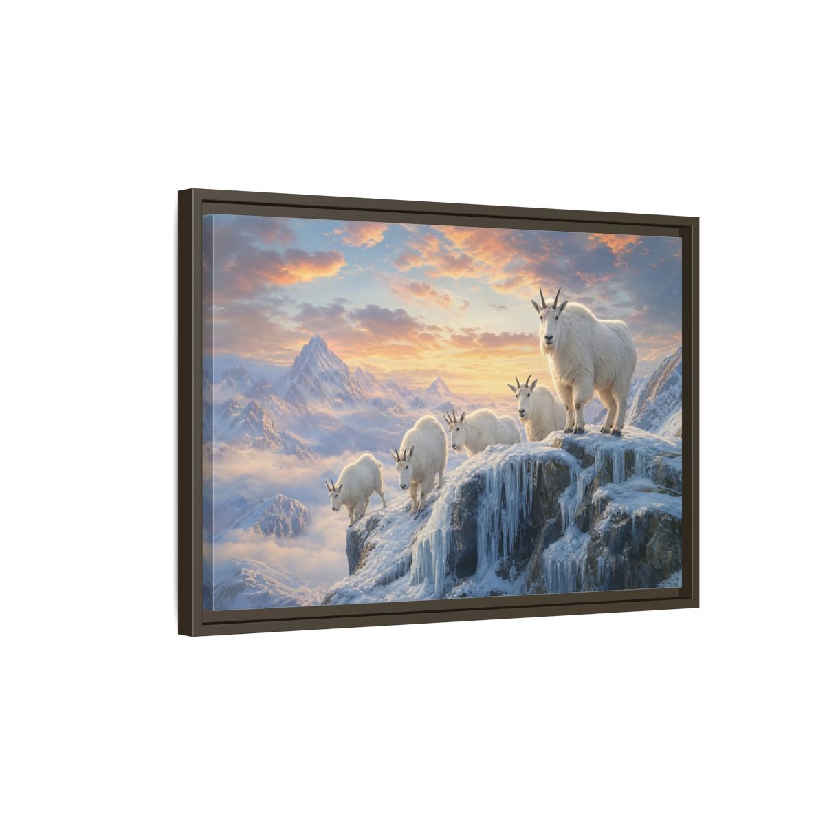 Side Mockup 2. Animals Mountain Goats Mountain Goats Sunset shown as stretched canvas wall art
