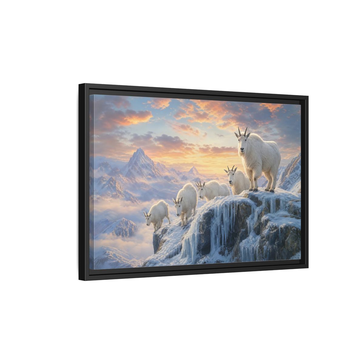 Side Mockup 3. Animals Mountain Goats Mountain Goats Sunset shown as stretched canvas wall art