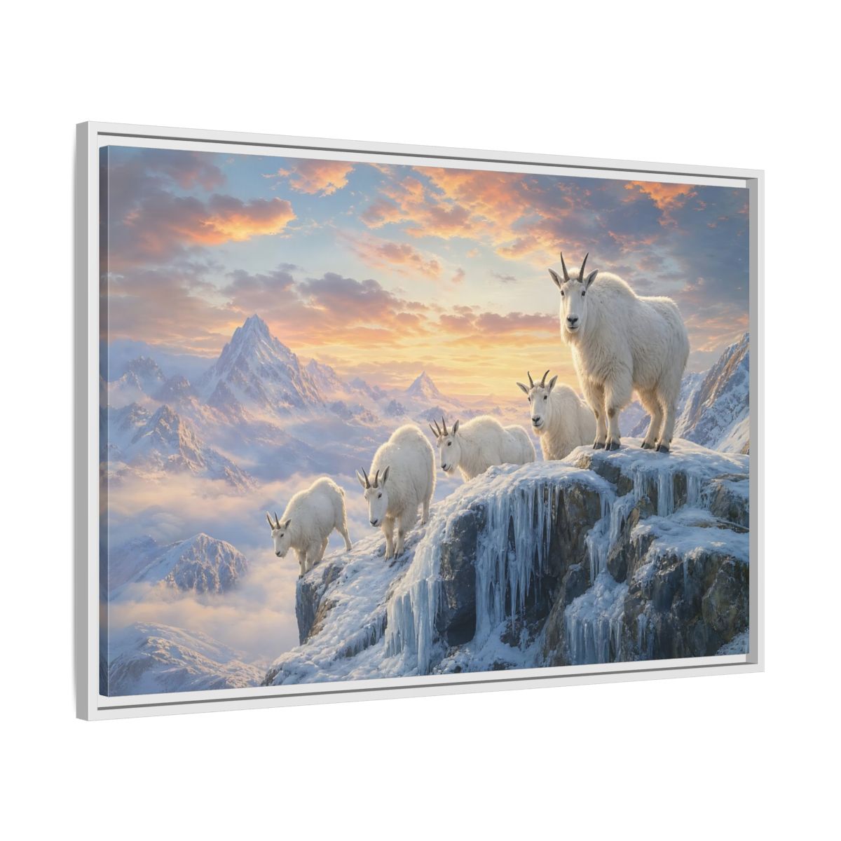 Side Mockup 9. Animals Mountain Goats Mountain Goats Sunset shown as stretched canvas wall art