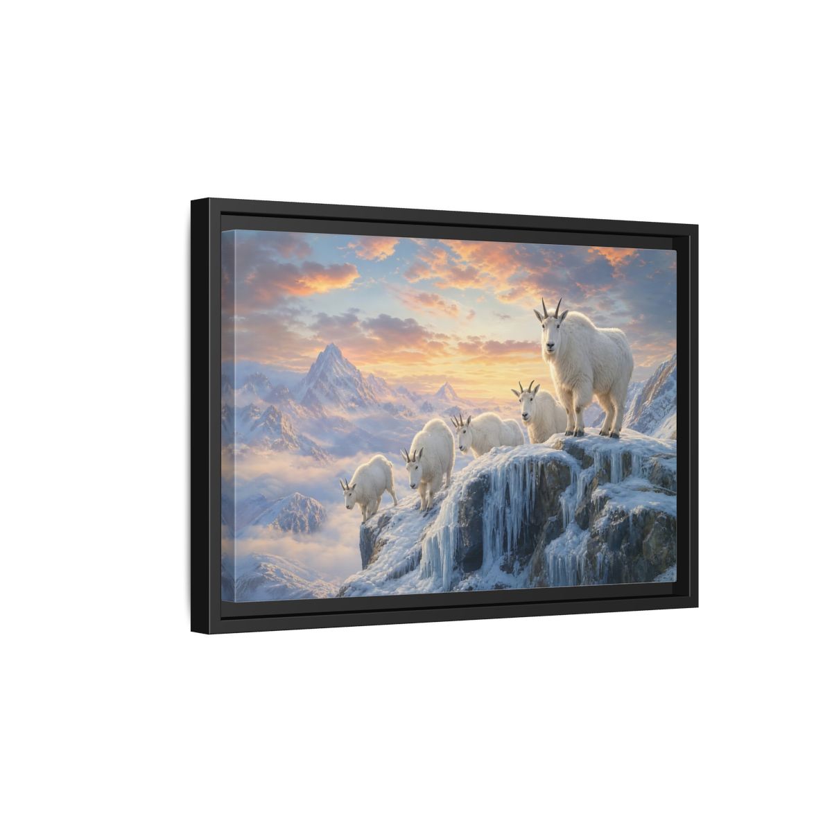 Side Mockup 6. Animals Mountain Goats Mountain Goats Sunset shown as stretched canvas wall art