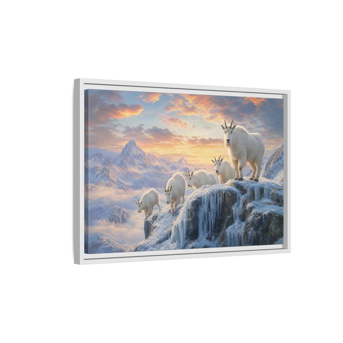 Side Mockup 1. Animals Mountain Goats Mountain Goats Sunset shown as stretched canvas wall art
