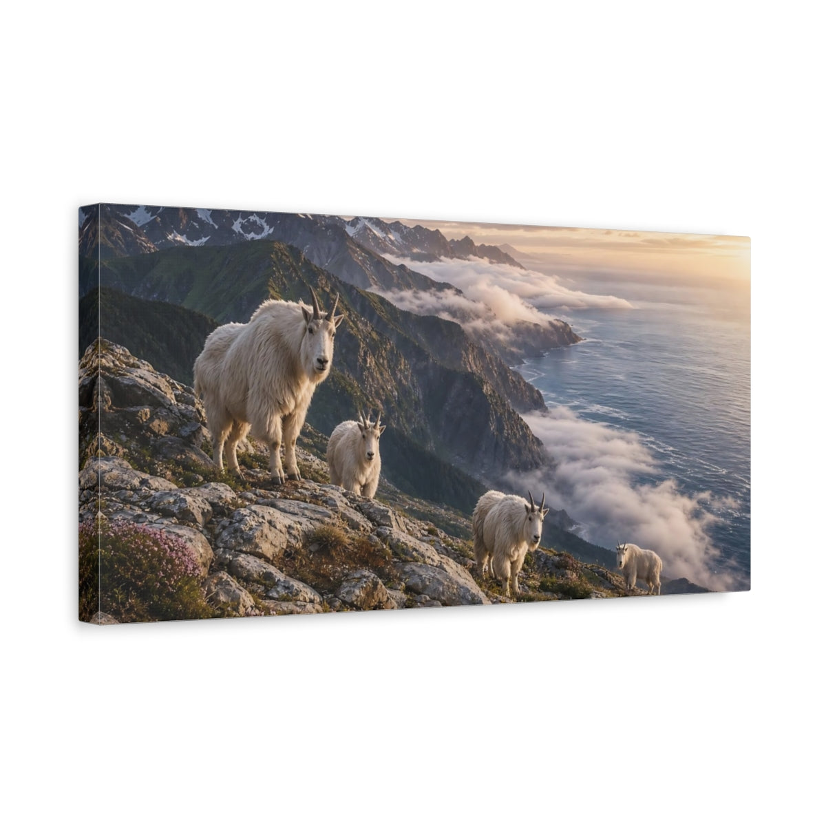 Side Mockup 3. Animals Mountain Goats White Goats shown as stretched canvas wall art