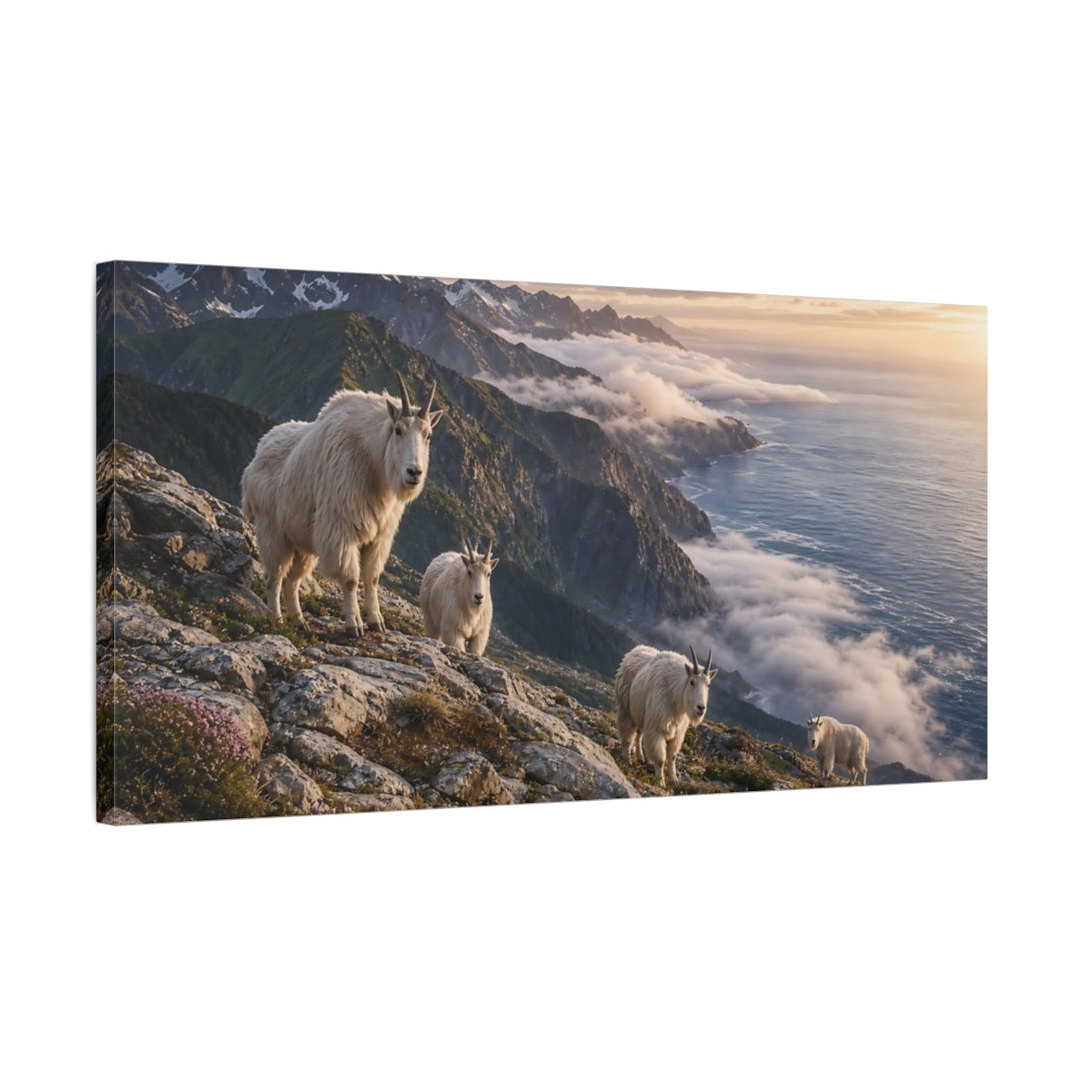Side Mockup 1. Animals Mountain Goats White Goats shown as stretched canvas wall art