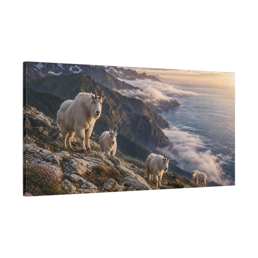 Main Mockup. Animals Mountain Goats White Goats shown as stretched canvas wall art