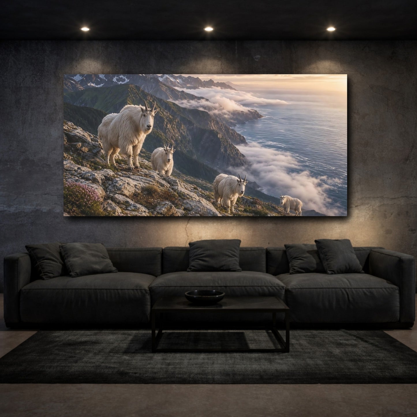 Mockup 2. Animals Mountain Goats White Goats shown as stretched canvas wall art