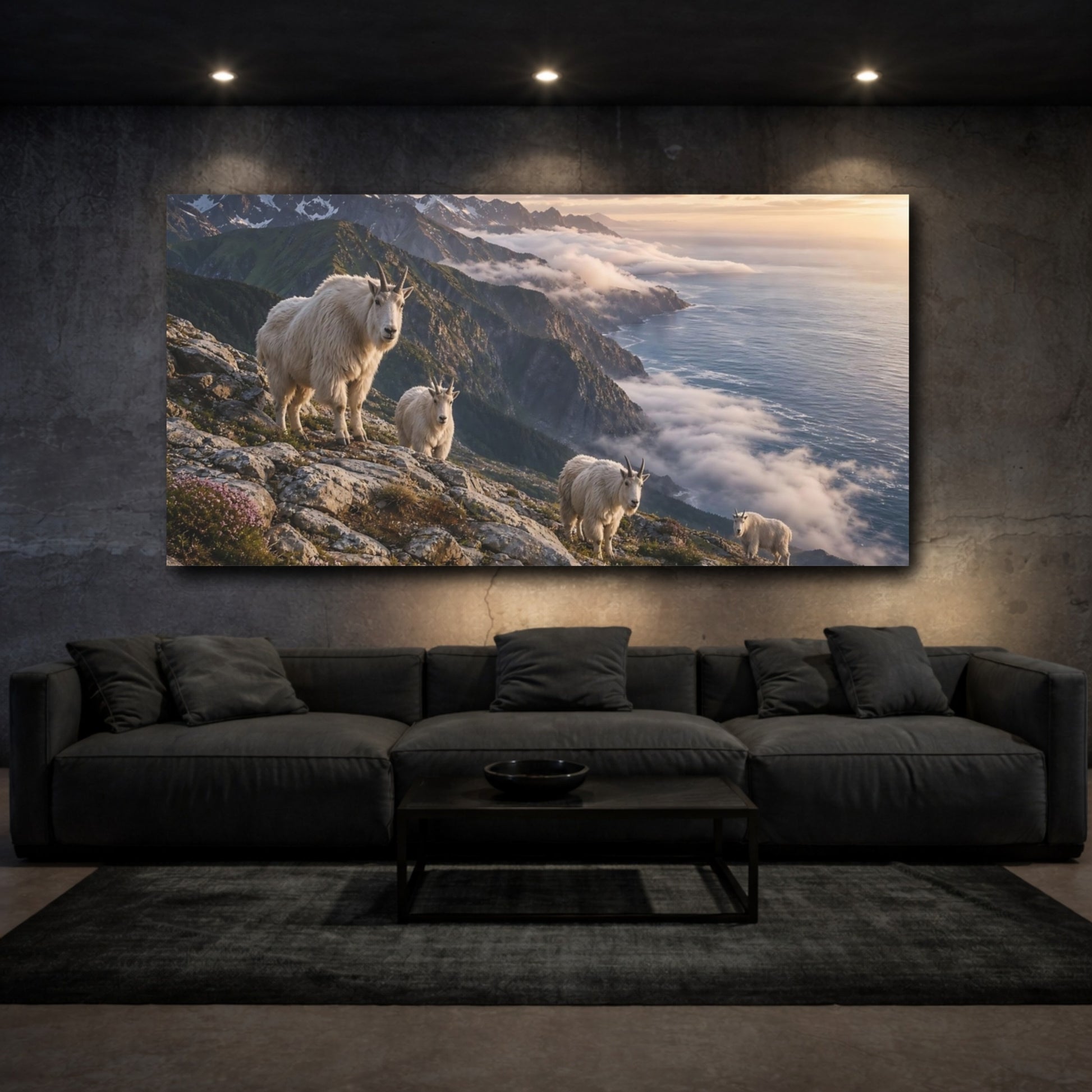 Mockup 2. Animals Mountain Goats White Goats shown as stretched canvas wall art
