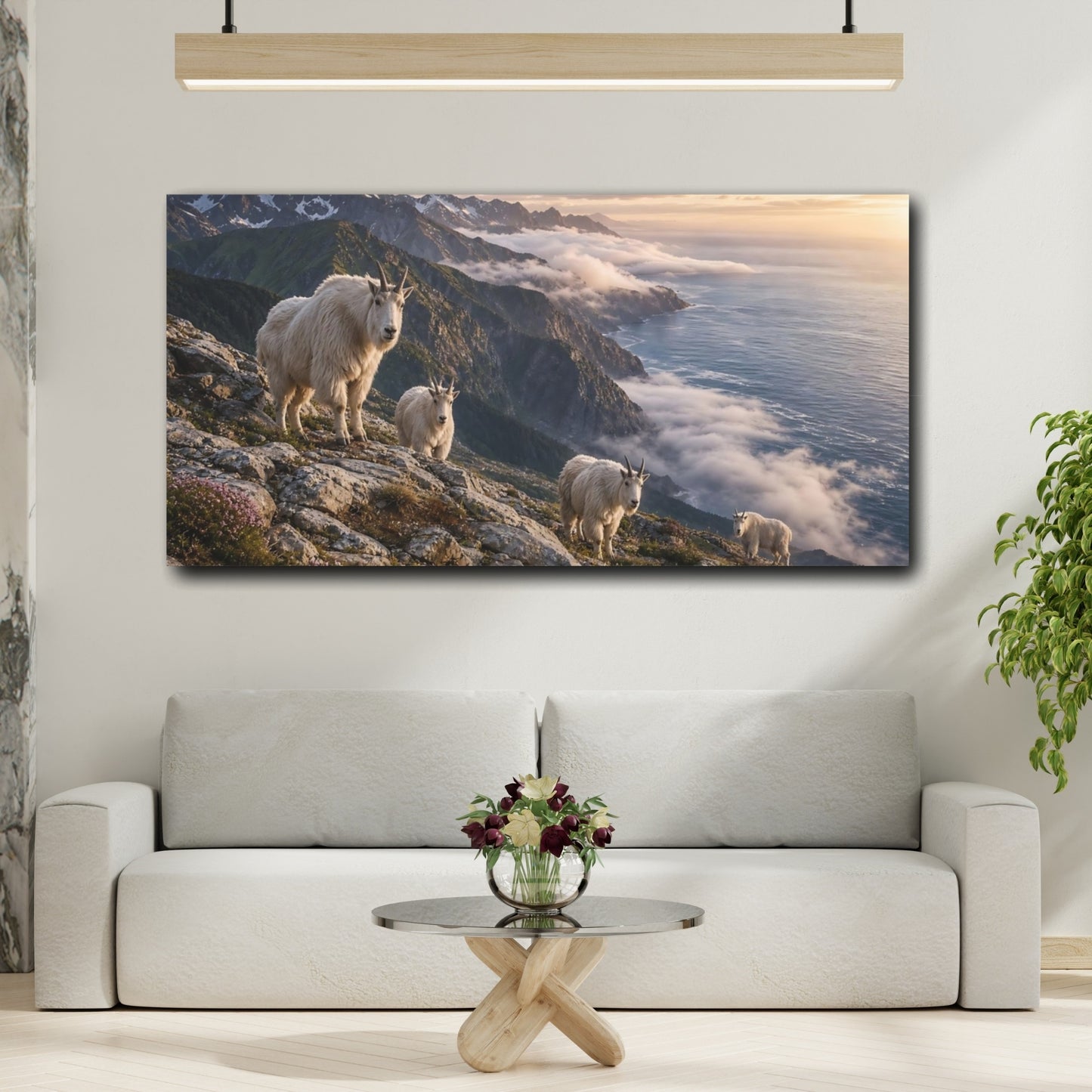 Mockup 3. Animals Mountain Goats White Goats shown as stretched canvas wall art