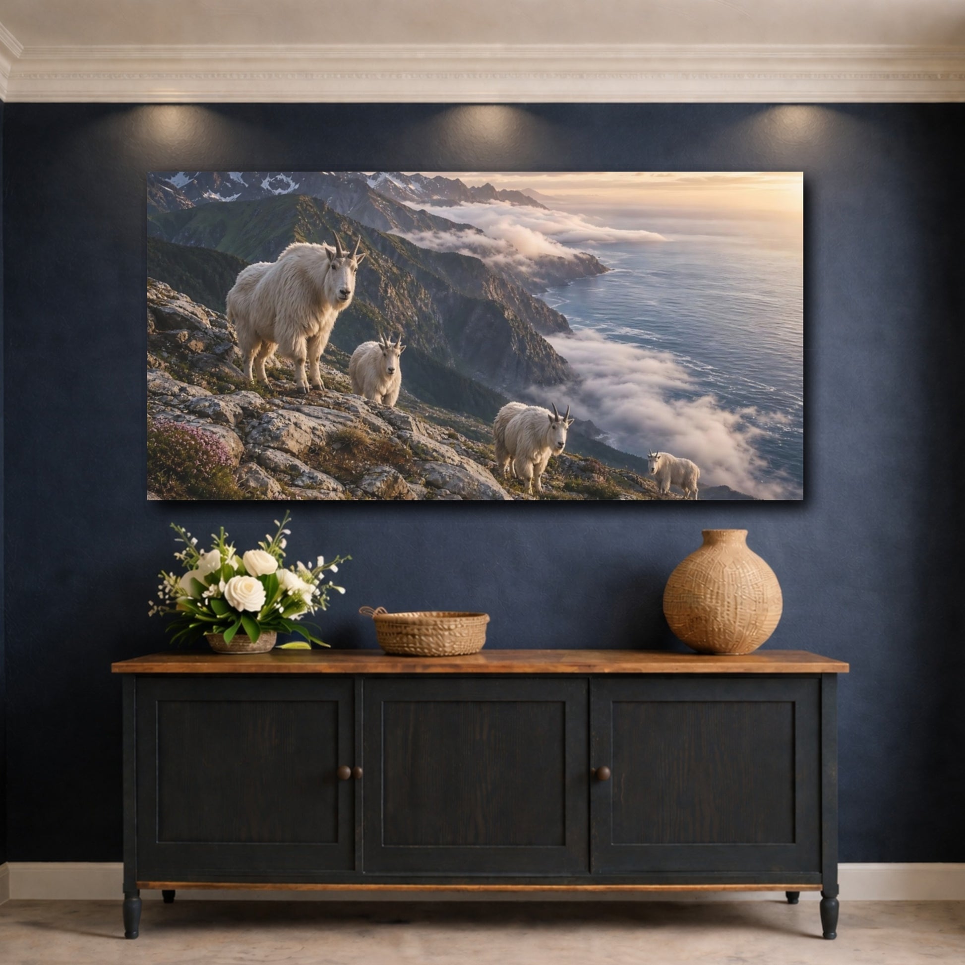 Mockup 4. Animals Mountain Goats White Goats shown as stretched canvas wall art