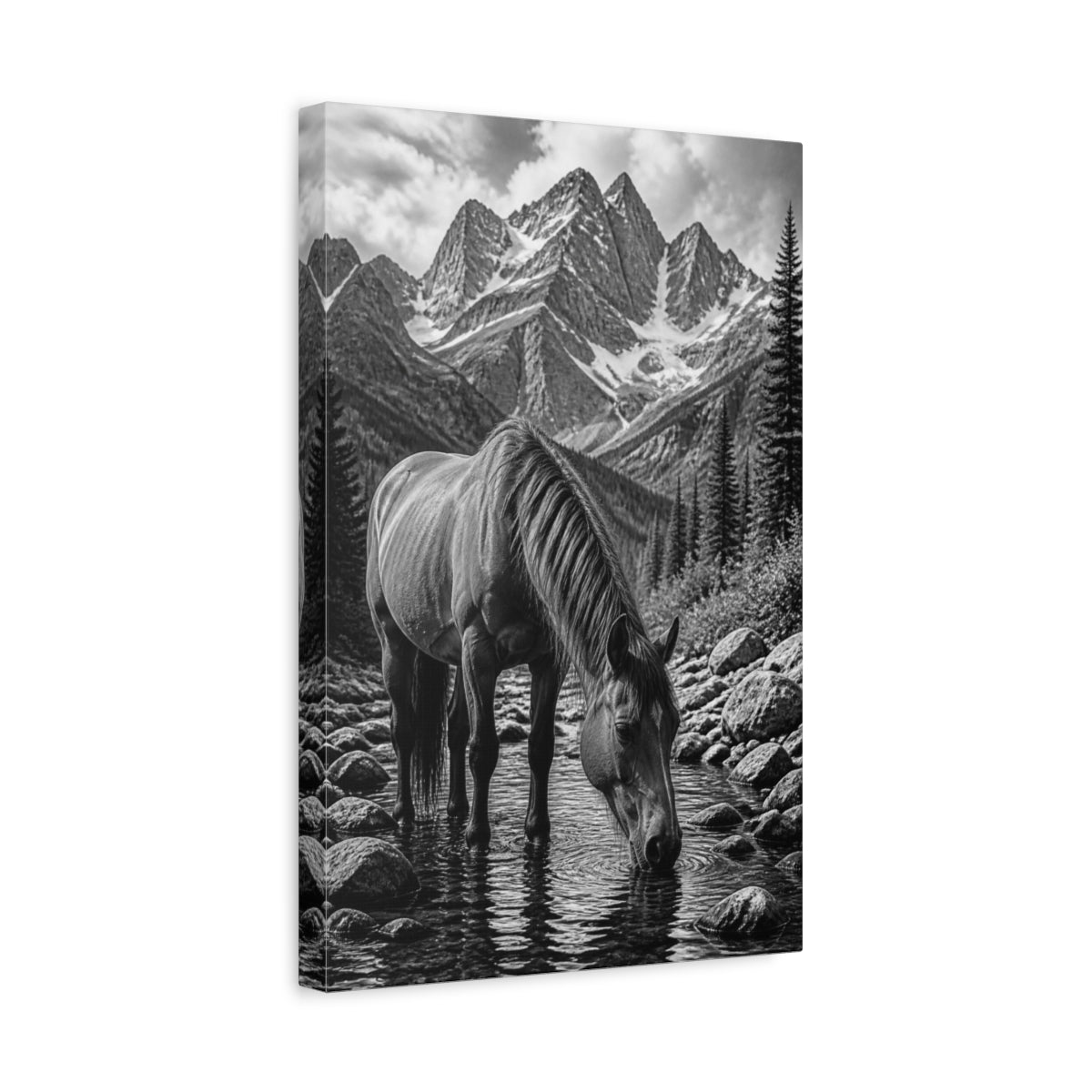 Side Mockup 4. Animals Mountain Horse Drinking shown as canvas print