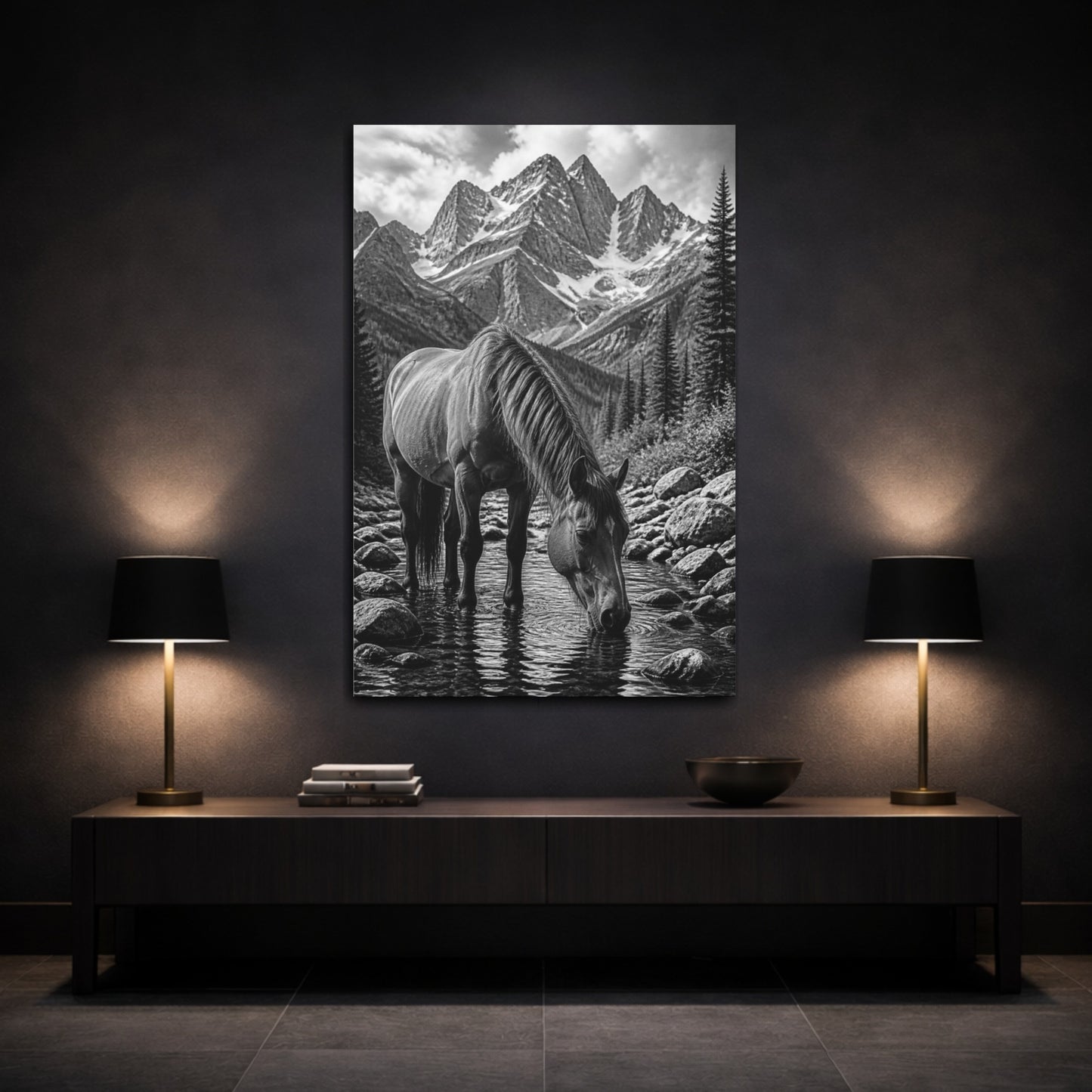 Mockup 3. Animals Mountain Horse Drinking shown as canvas print
