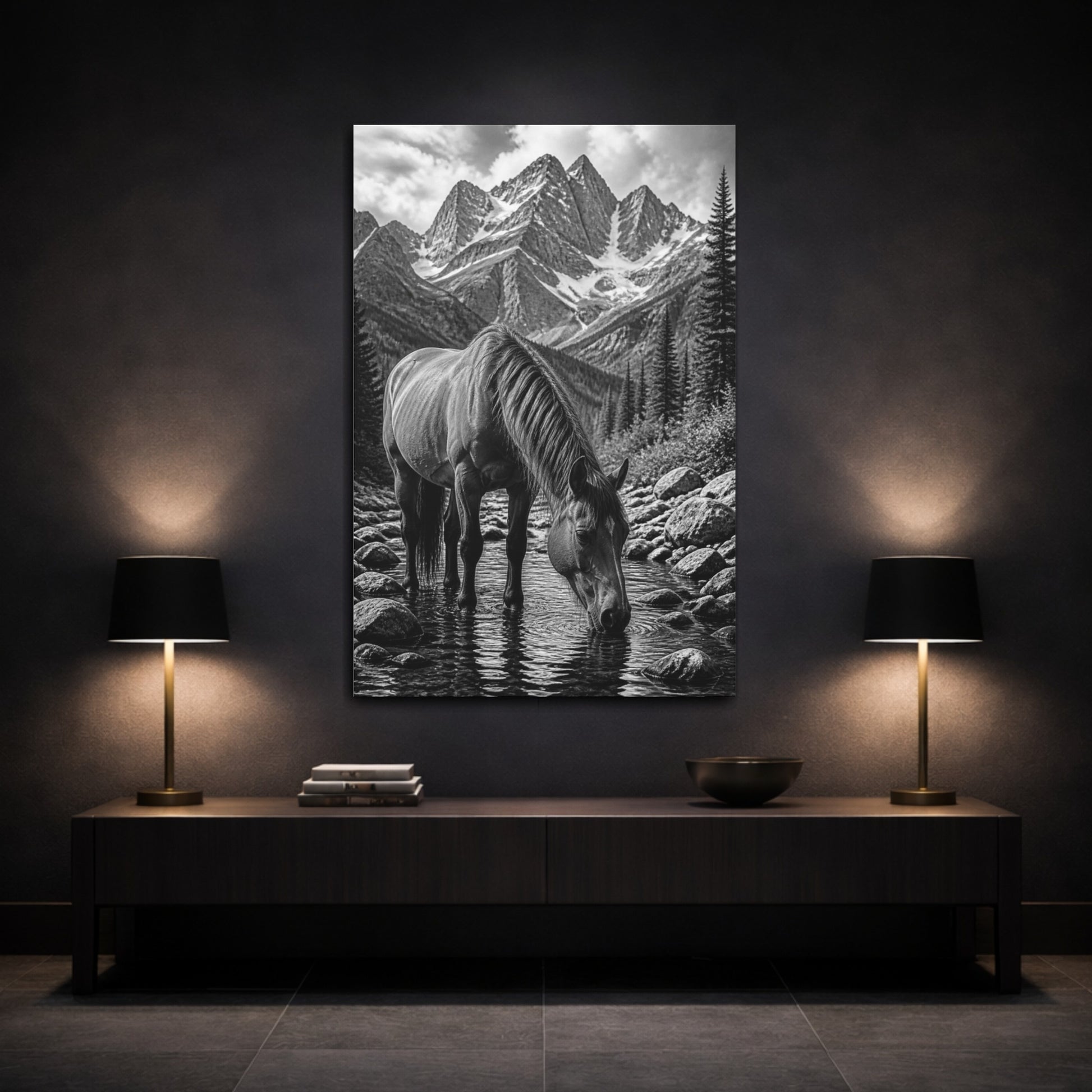Mockup 3. Animals Mountain Horse Drinking shown as canvas print