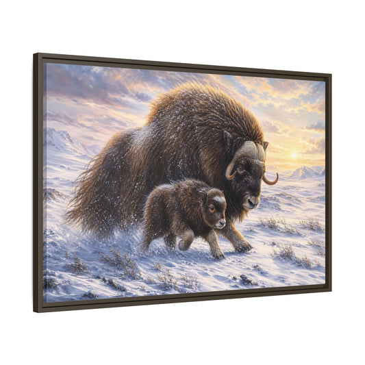 Main Mockup. Animals Musk Oxen Brown And White shown as stretched canvas wall art