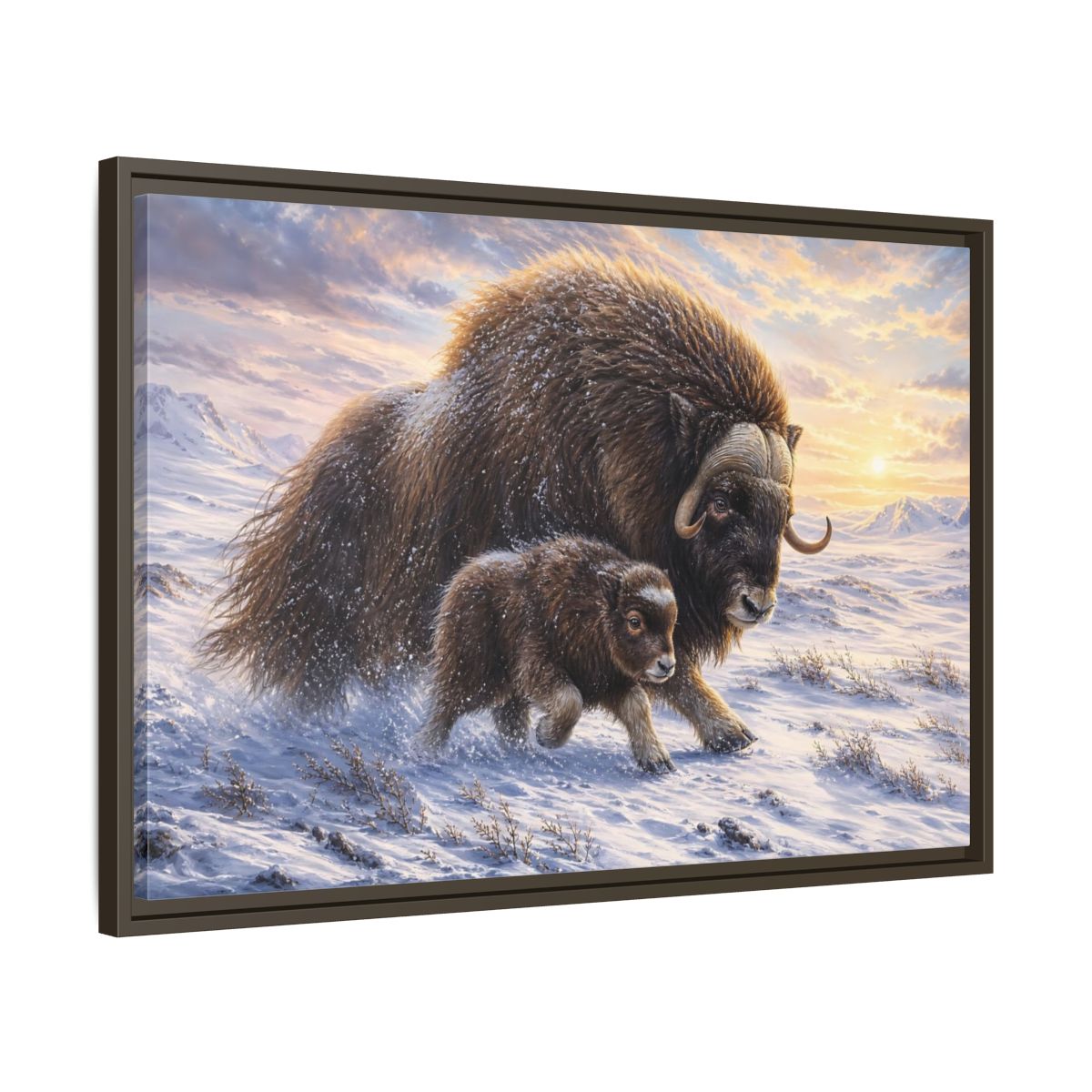 Side Mockup 11. Animals Musk Oxen Brown And White shown as stretched canvas wall art
