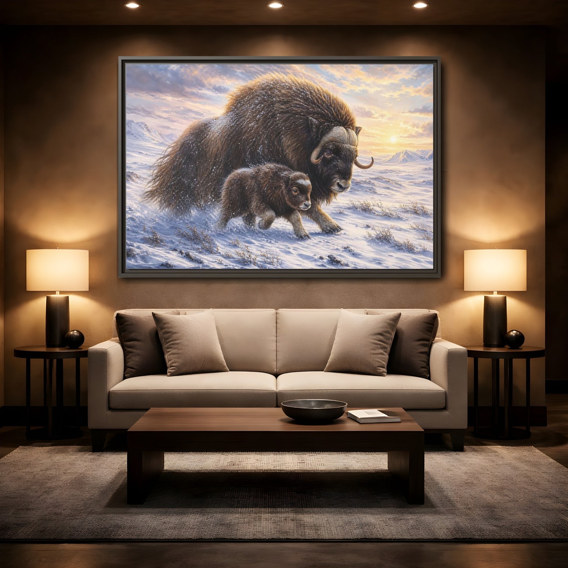 Mockup 2. Animals Musk Oxen Brown And White shown as stretched canvas wall art