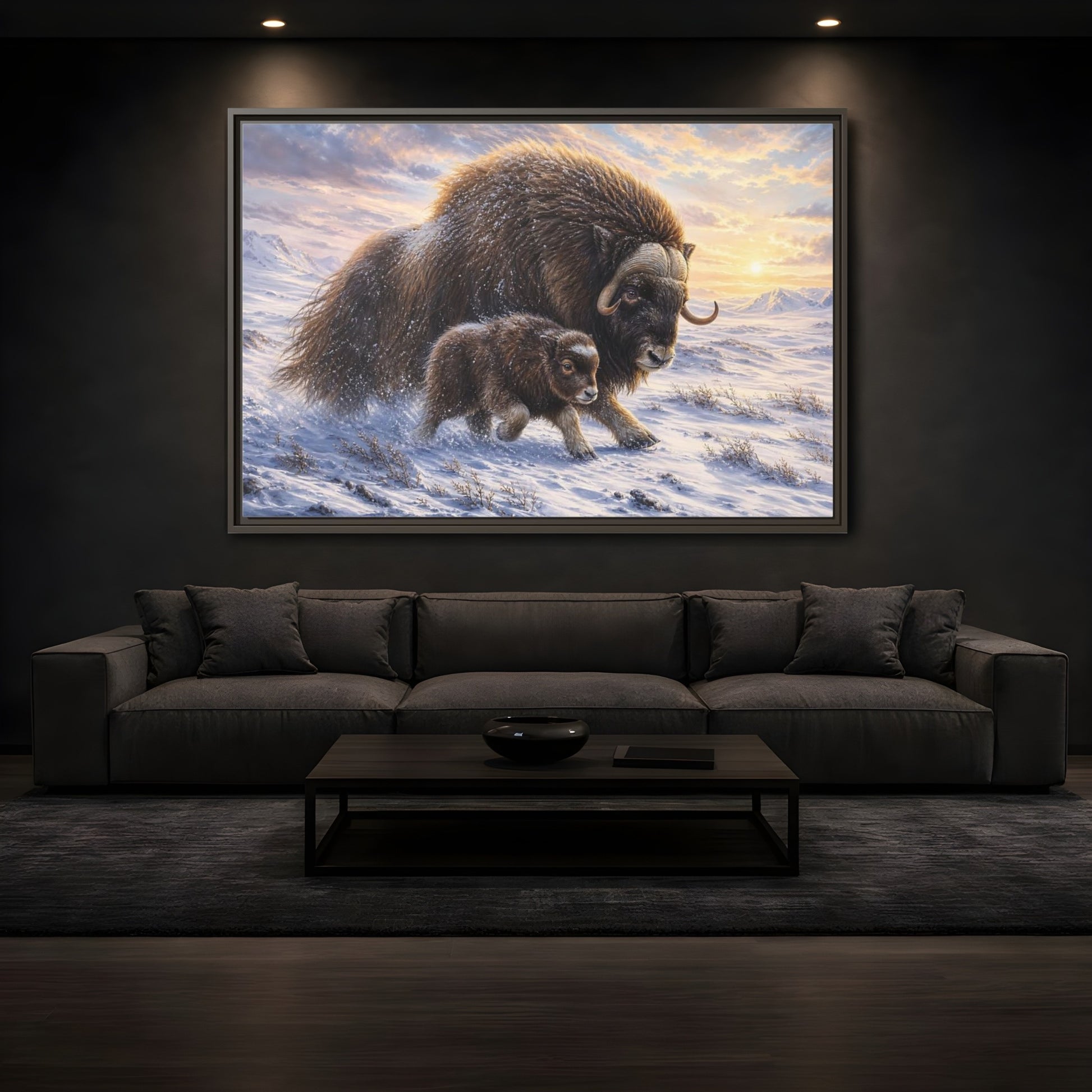 Mockup 3. Animals Musk Oxen Brown And White shown as stretched canvas wall art