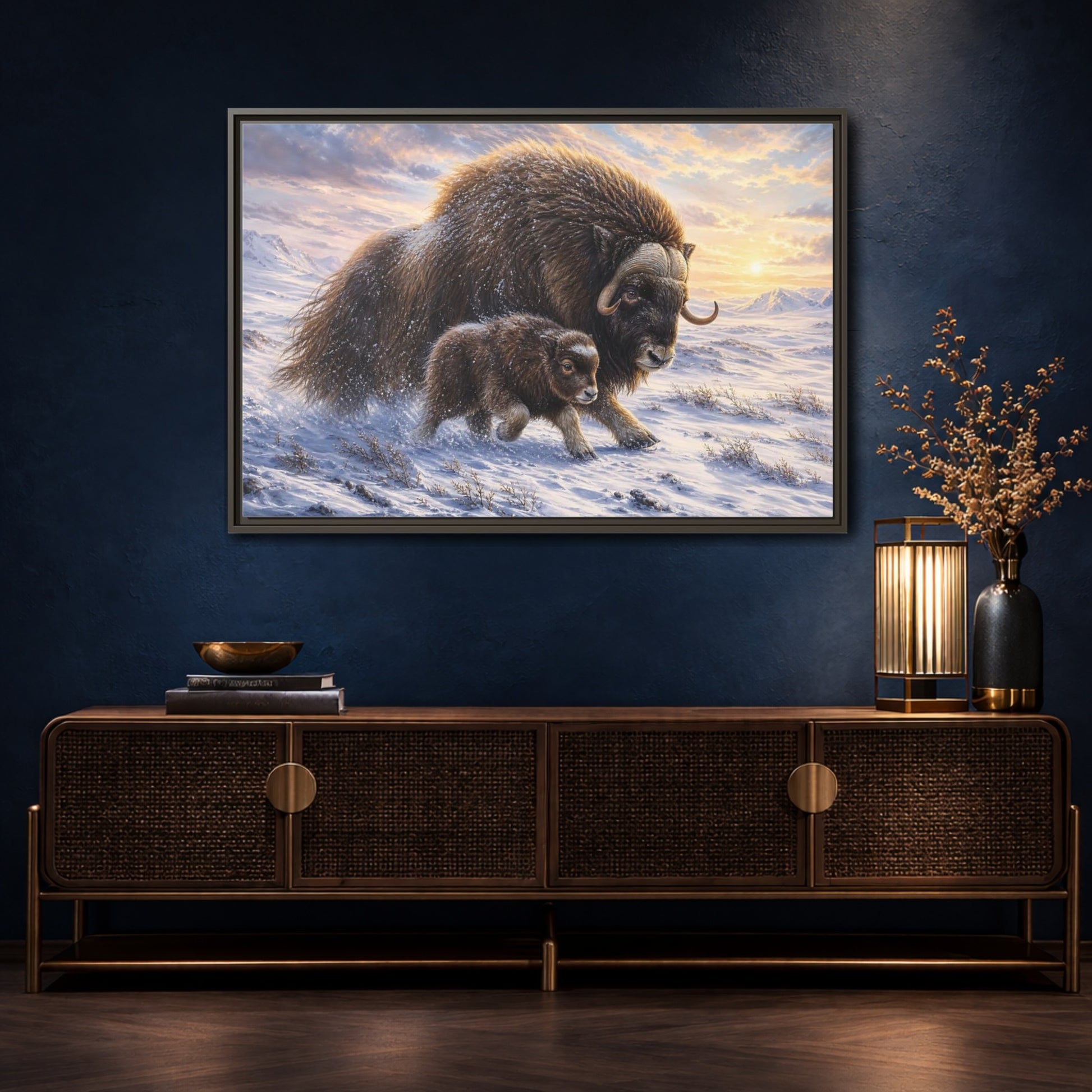 Mockup 4. Animals Musk Oxen Brown And White shown as stretched canvas wall art
