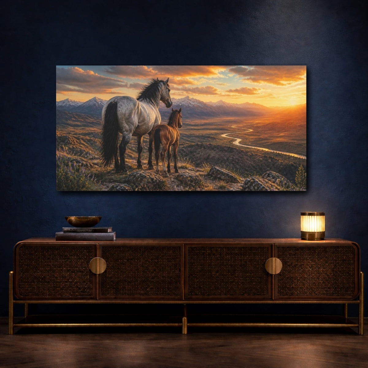 Animals Mustang And Foal At Sunset Canvas Print – Living Room, Above Console Table - YesArtYes