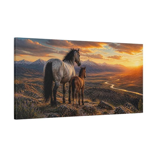 Animals Mustang And Foal At Sunset Canvas Print – Living Room, Above Console Table - YesArtYes