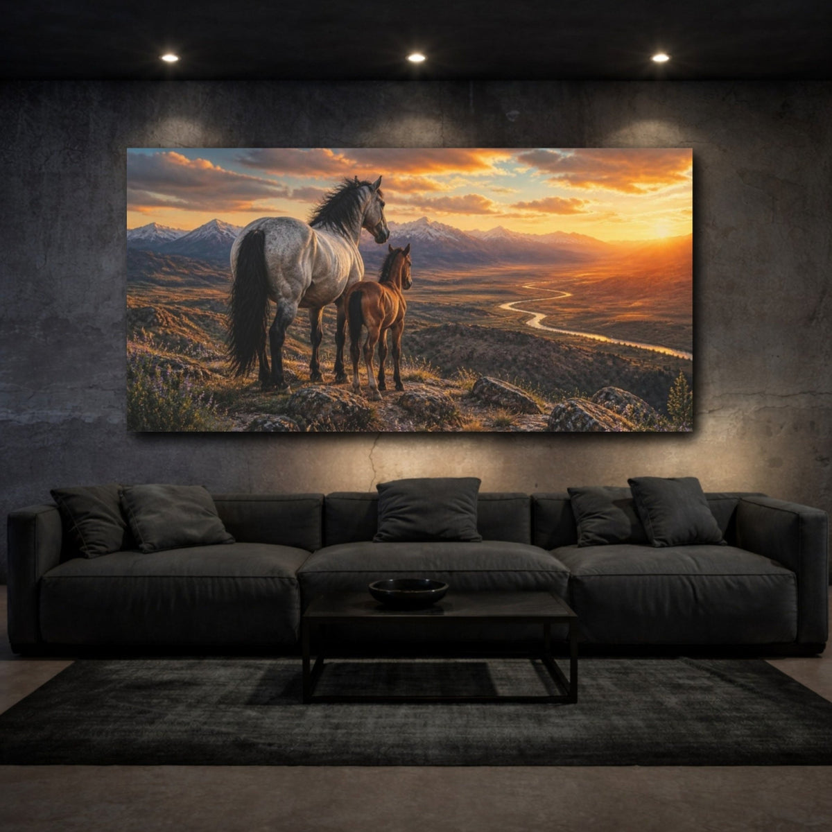 Animals Mustang And Foal At Sunset Canvas Print – Living Room, Above Console Table - YesArtYes