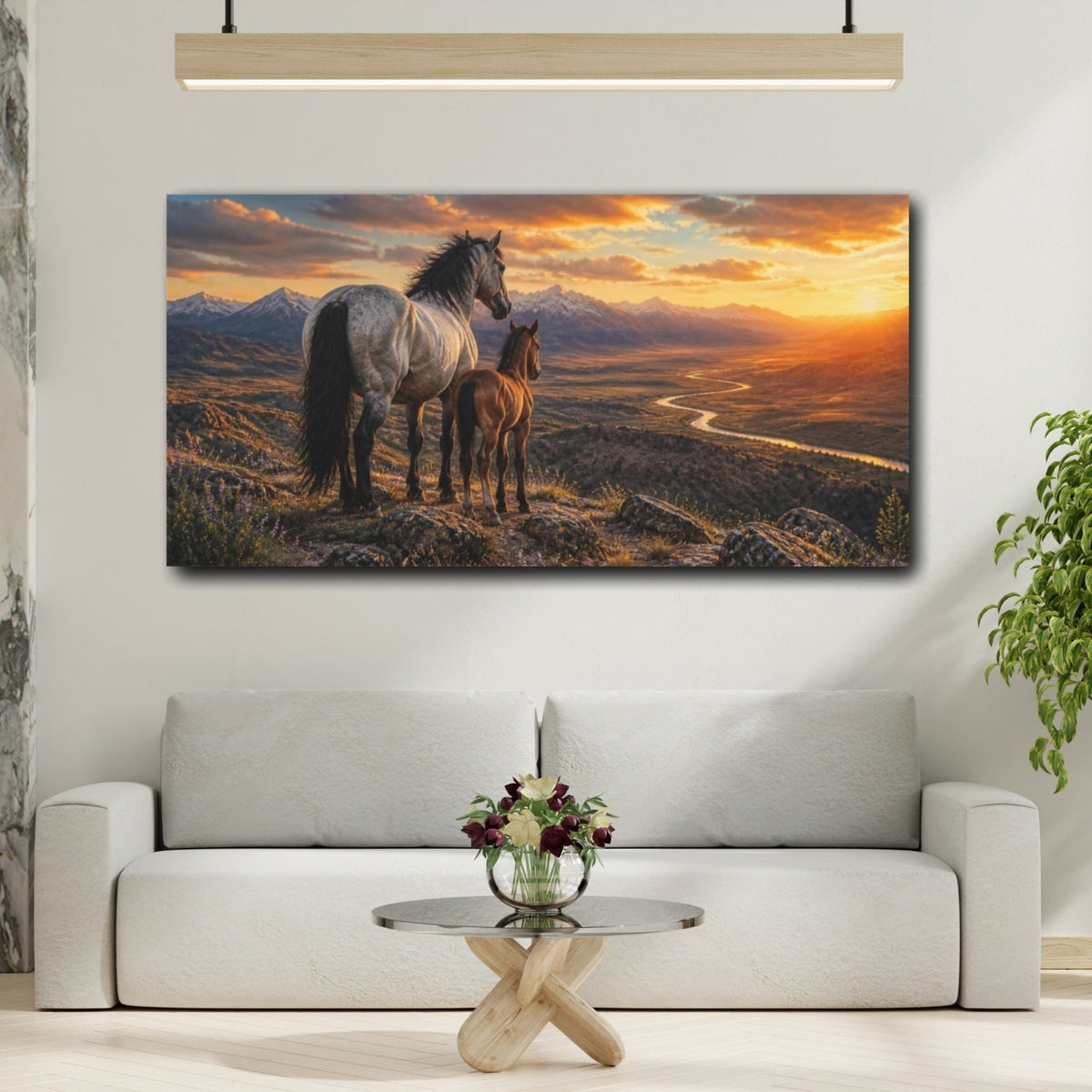 Animals Mustang And Foal At Sunset Canvas Print – Living Room, Above Console Table - YesArtYes