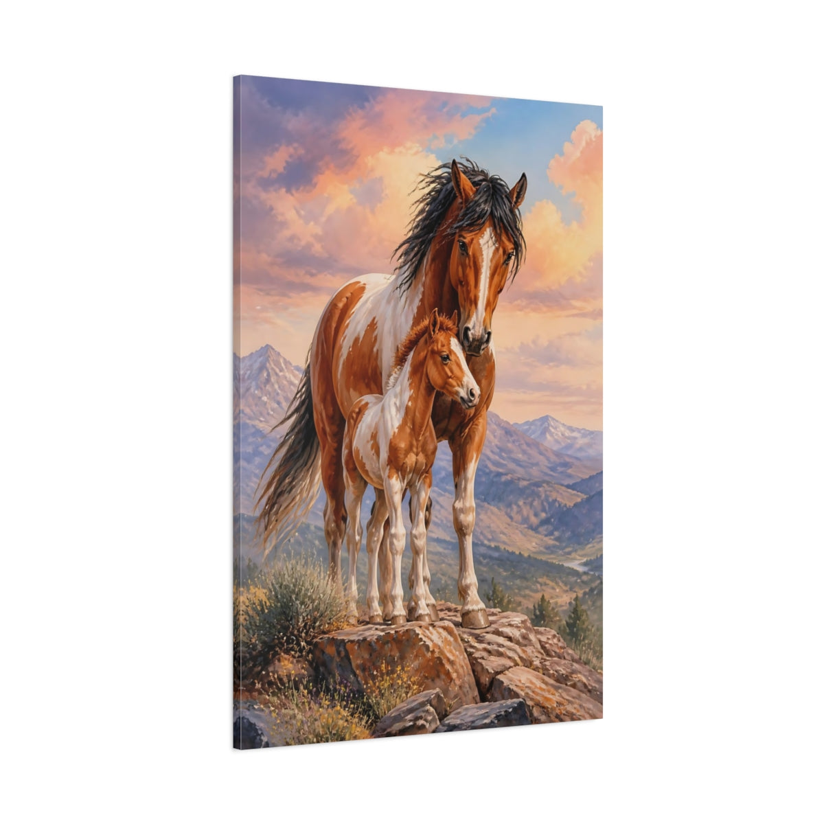 Side Mockup 1. Animals Mustang Mare And Foal shown as canvas print