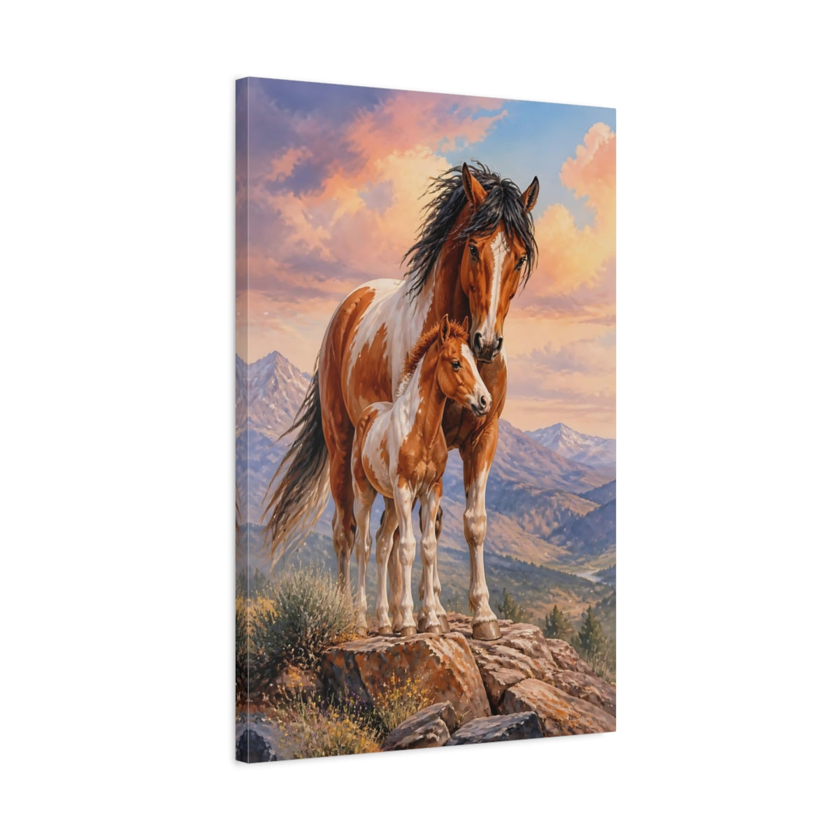 Side Mockup 2. Animals Mustang Mare And Foal shown as canvas print
